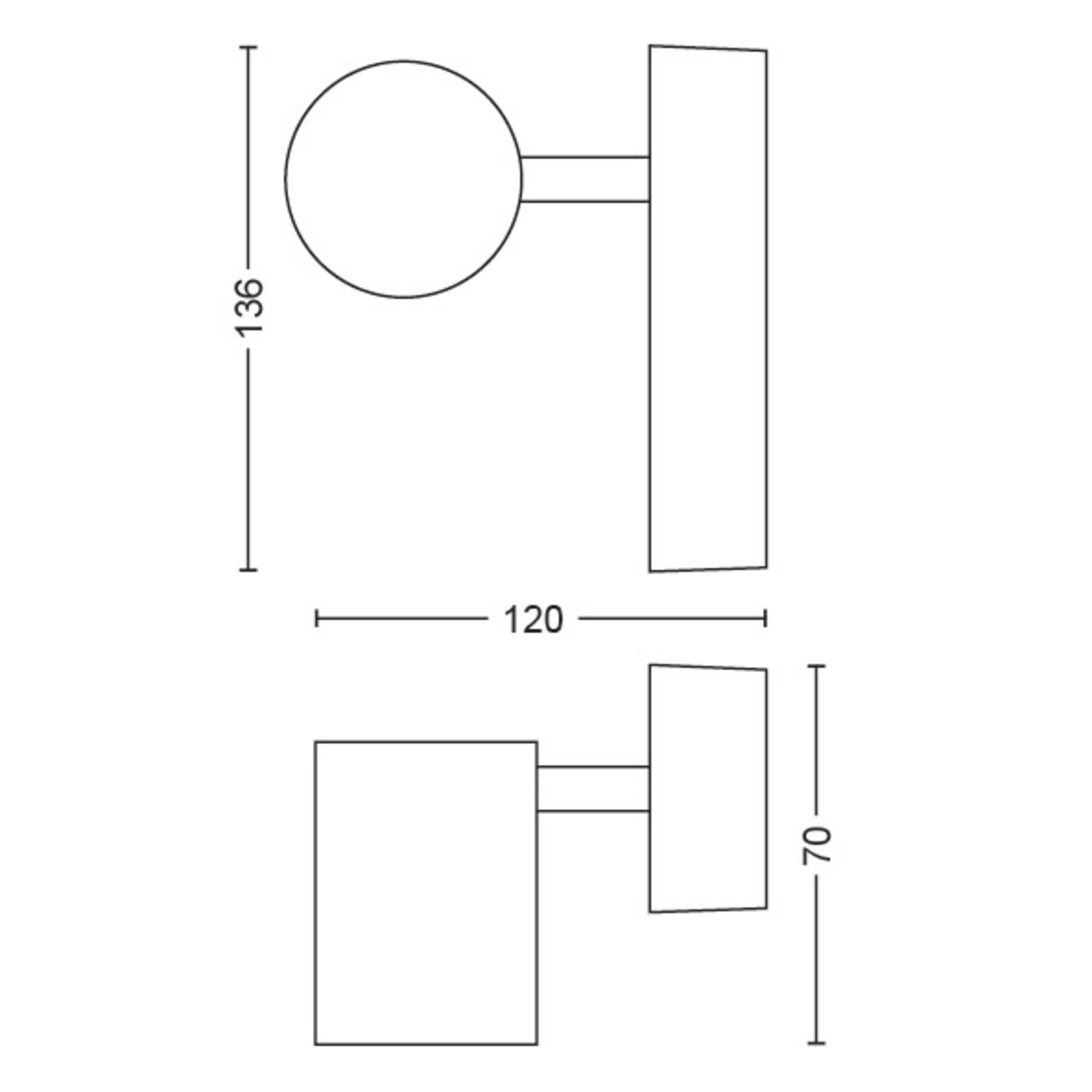 Dibujo técnico de una lámpara de pared con dimensiones en mm: 136x120x70.
