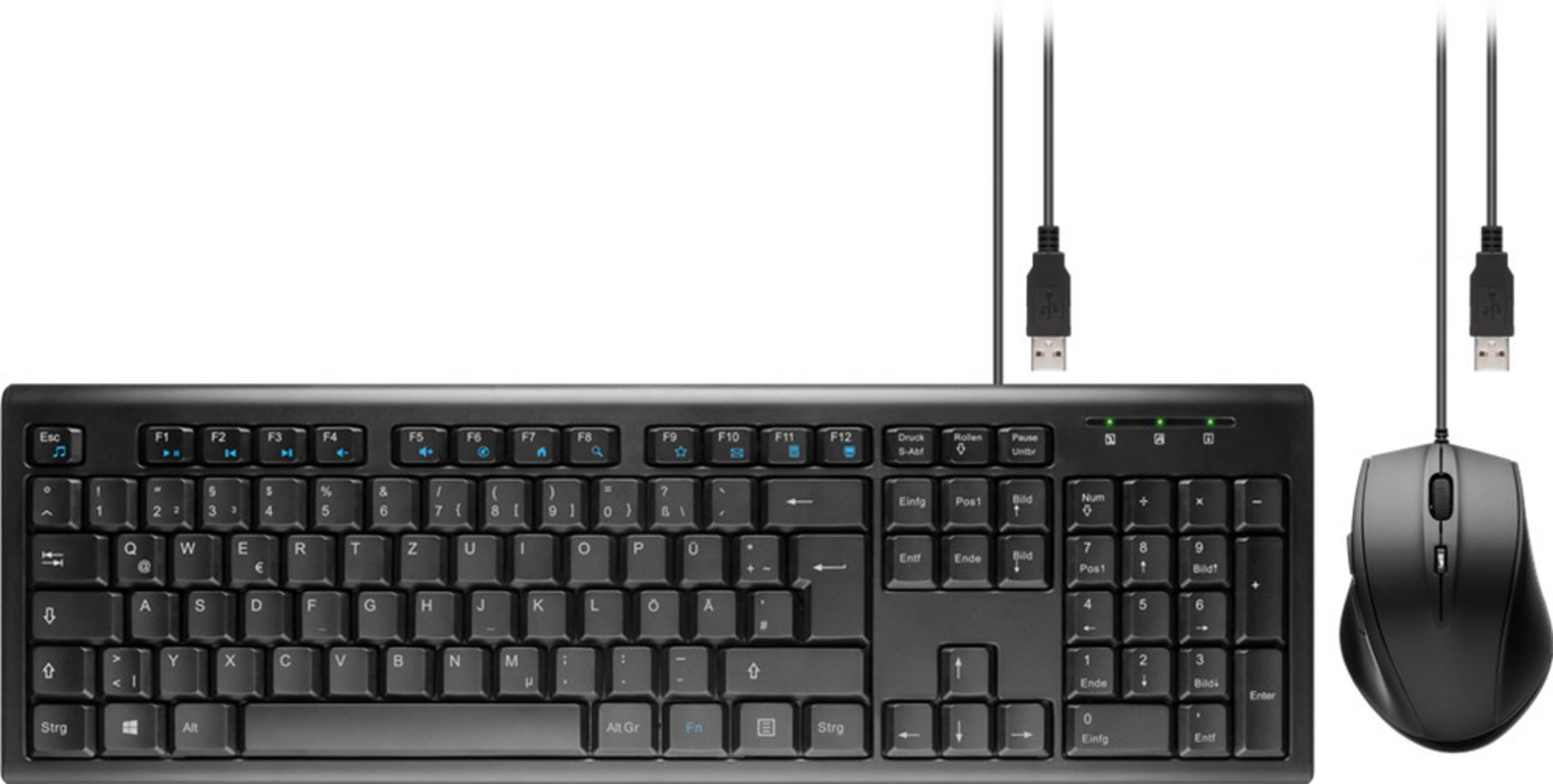 Schwarze Tastatur, Maus und USB-Kabel auf weißem Hintergrund.