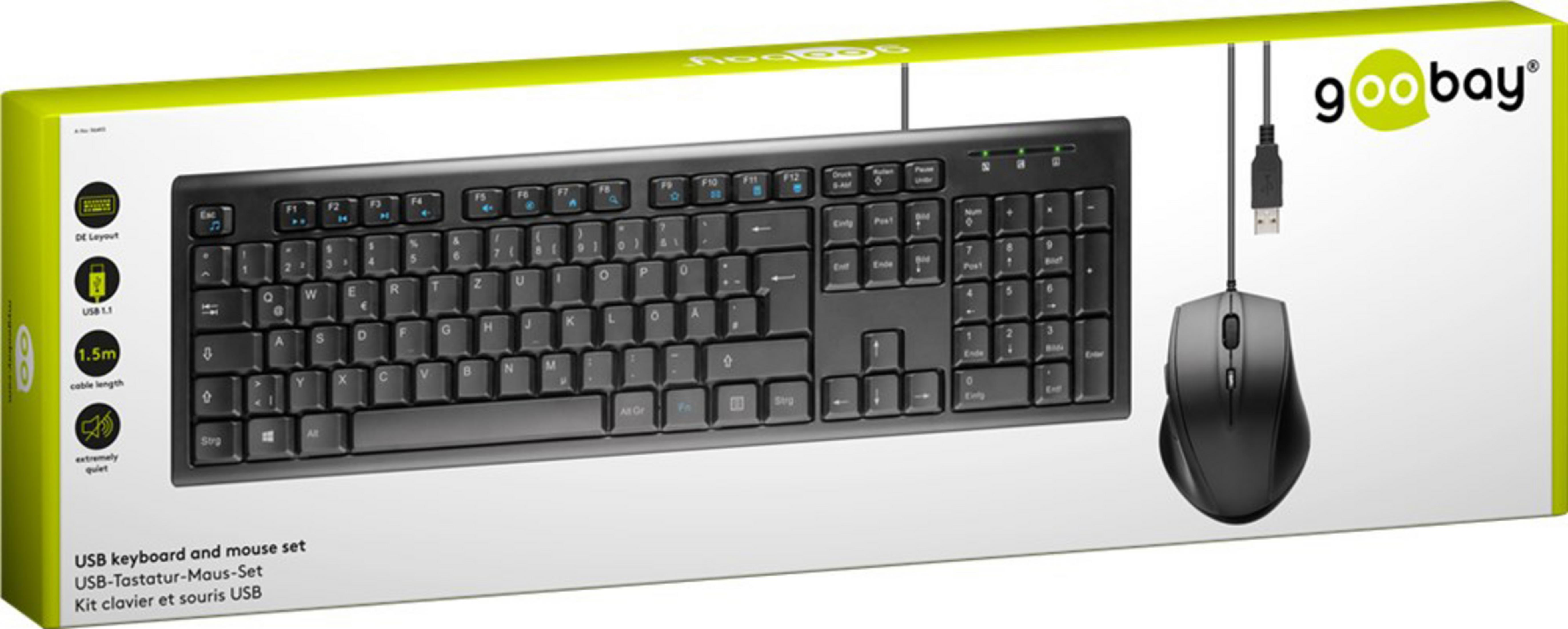 Verpacktes USB-Tastatur- und Maus-Set mit schwarzer Tastatur und Maus, mit Details.