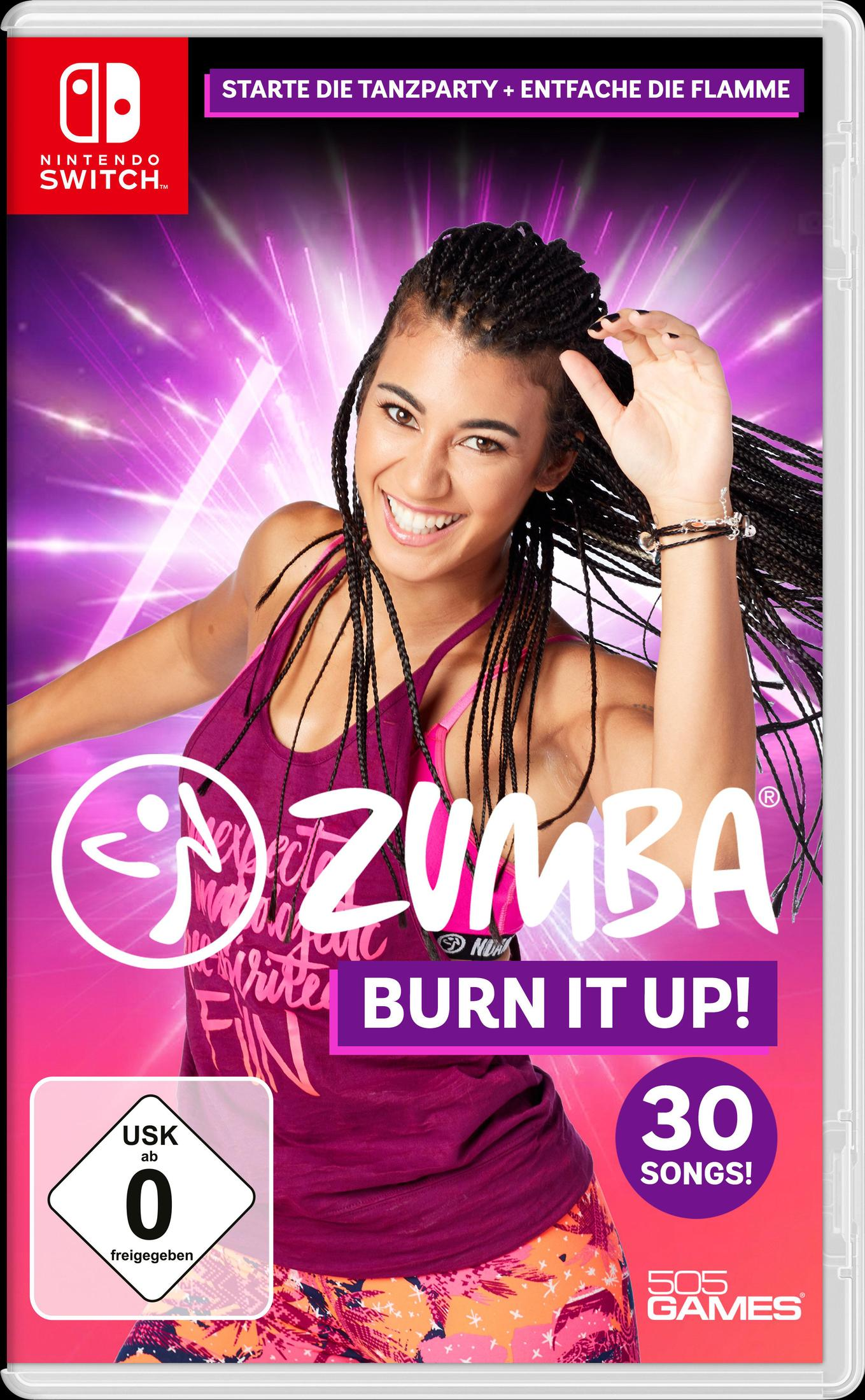 Zumba Burn It Up! Nintendo Switch-Spielcover. Lächelnde Frau mit Zöpfen, pink-lila Hintergrund.