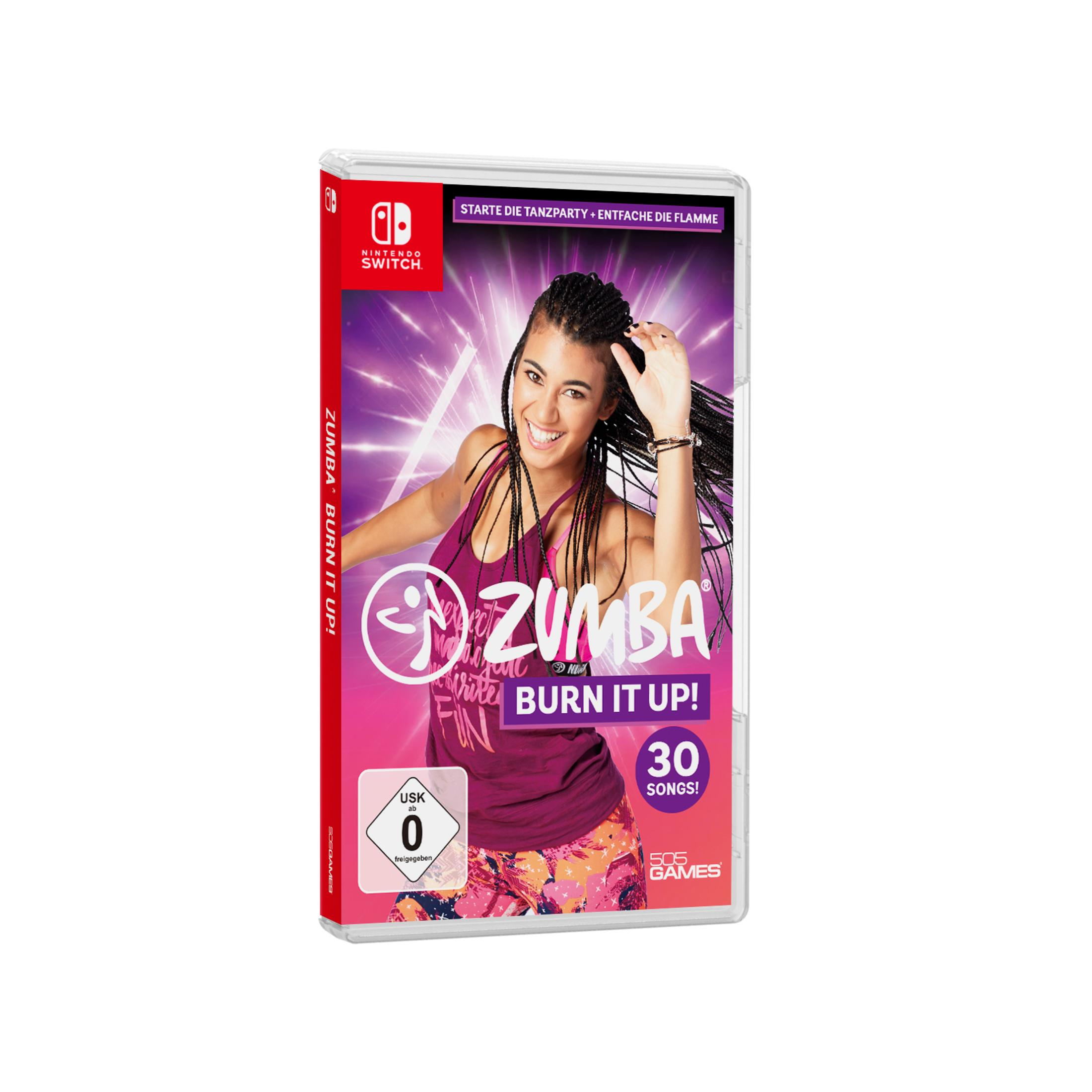 Eine Spielbox für Zumba Burn It Up, mit einer tanzenden Frau und dem Nintendo Switch-Logo.