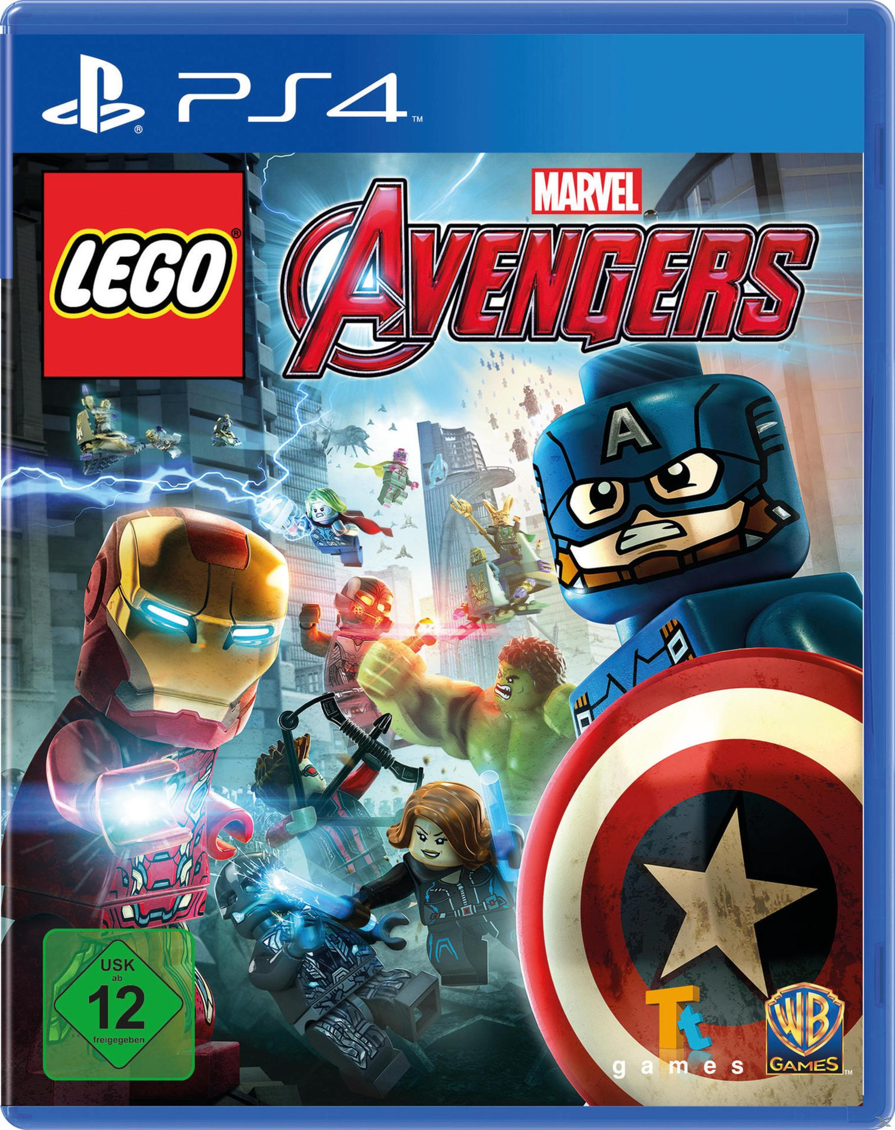 Lego Avengers Spielbox für PS4, mit Lego-Versionen von Avengers-Charakteren.