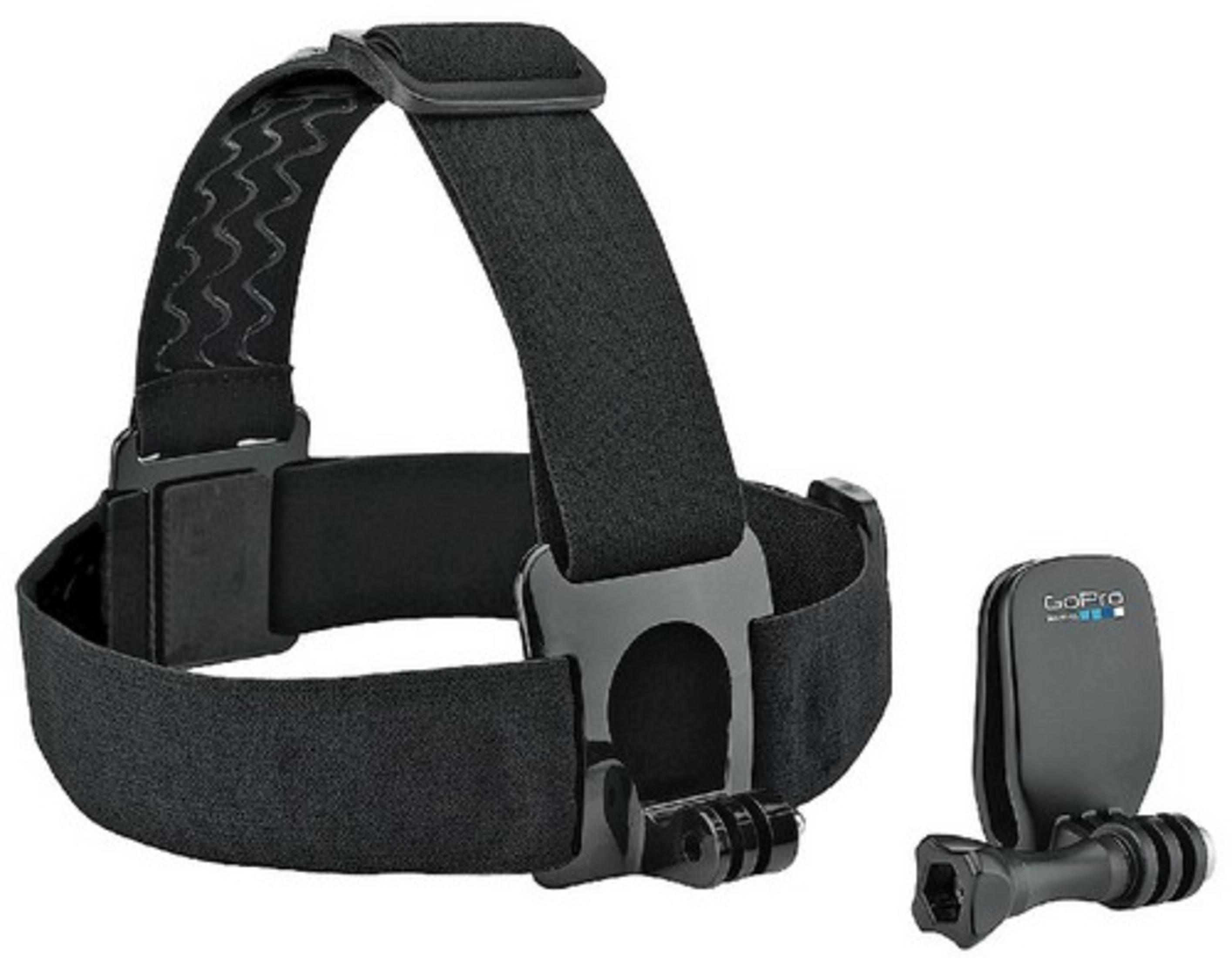 Correa y soporte para la cabeza GoPro negros, con el logotipo de GoPro, sobre fondo blanco.