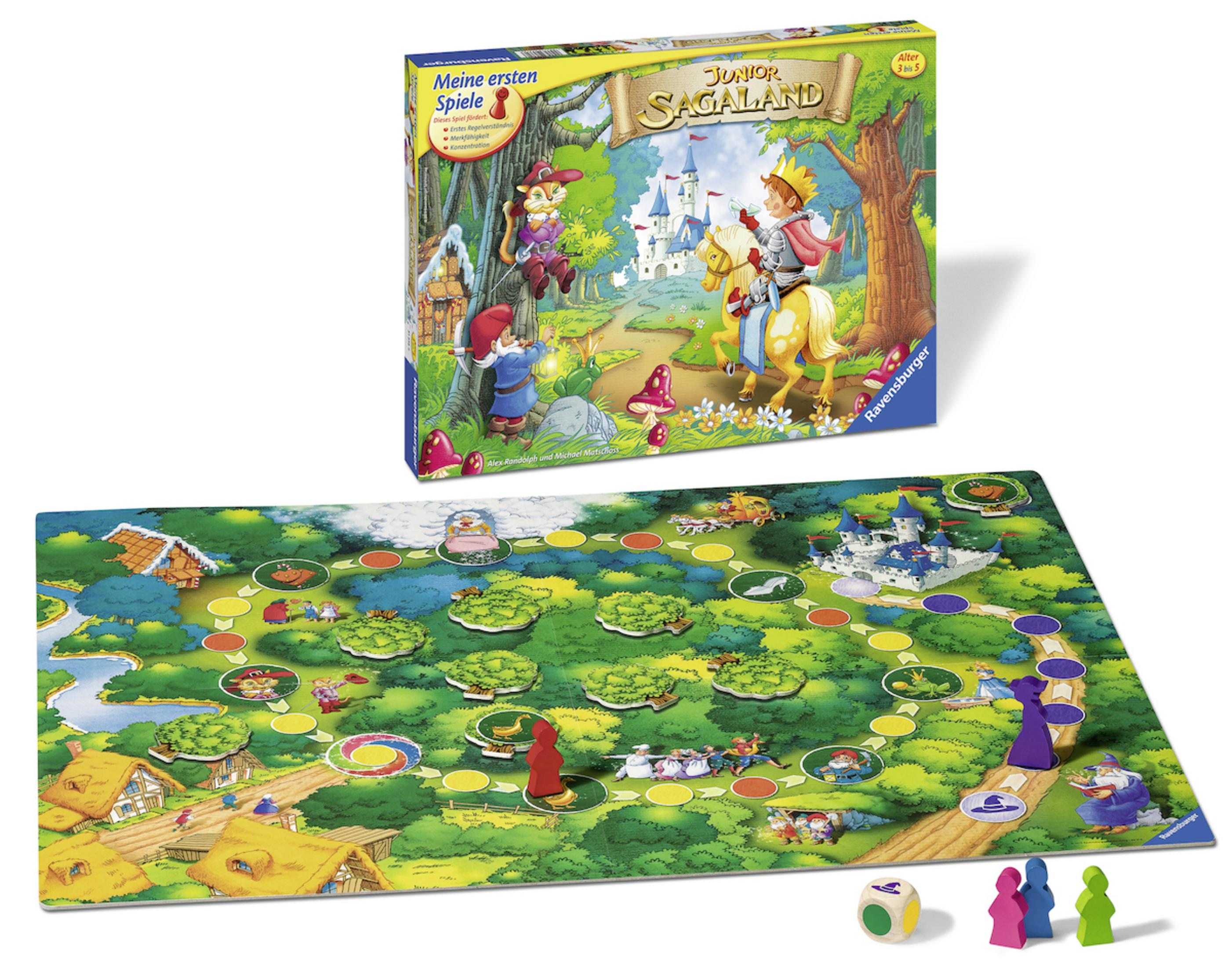 Brettspiel mit farbenfrohem Spielbrett. Charaktere, Würfel und Spielsteine. Box zeigt ein Schloss und Zeichentrickfiguren.