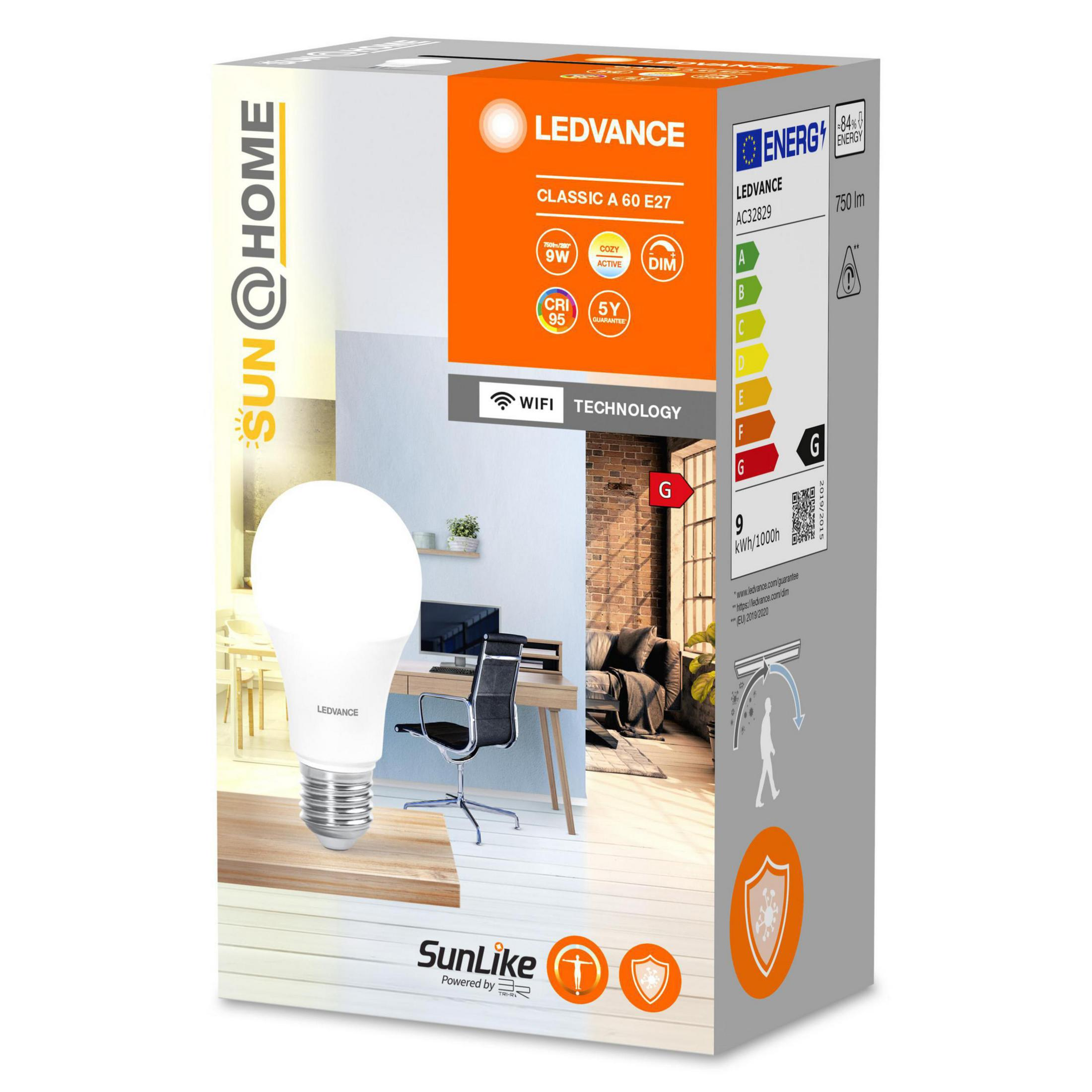 Scatola con lampadina LEDVANCE, dettagli del prodotto ed etichetta di efficienza energetica.