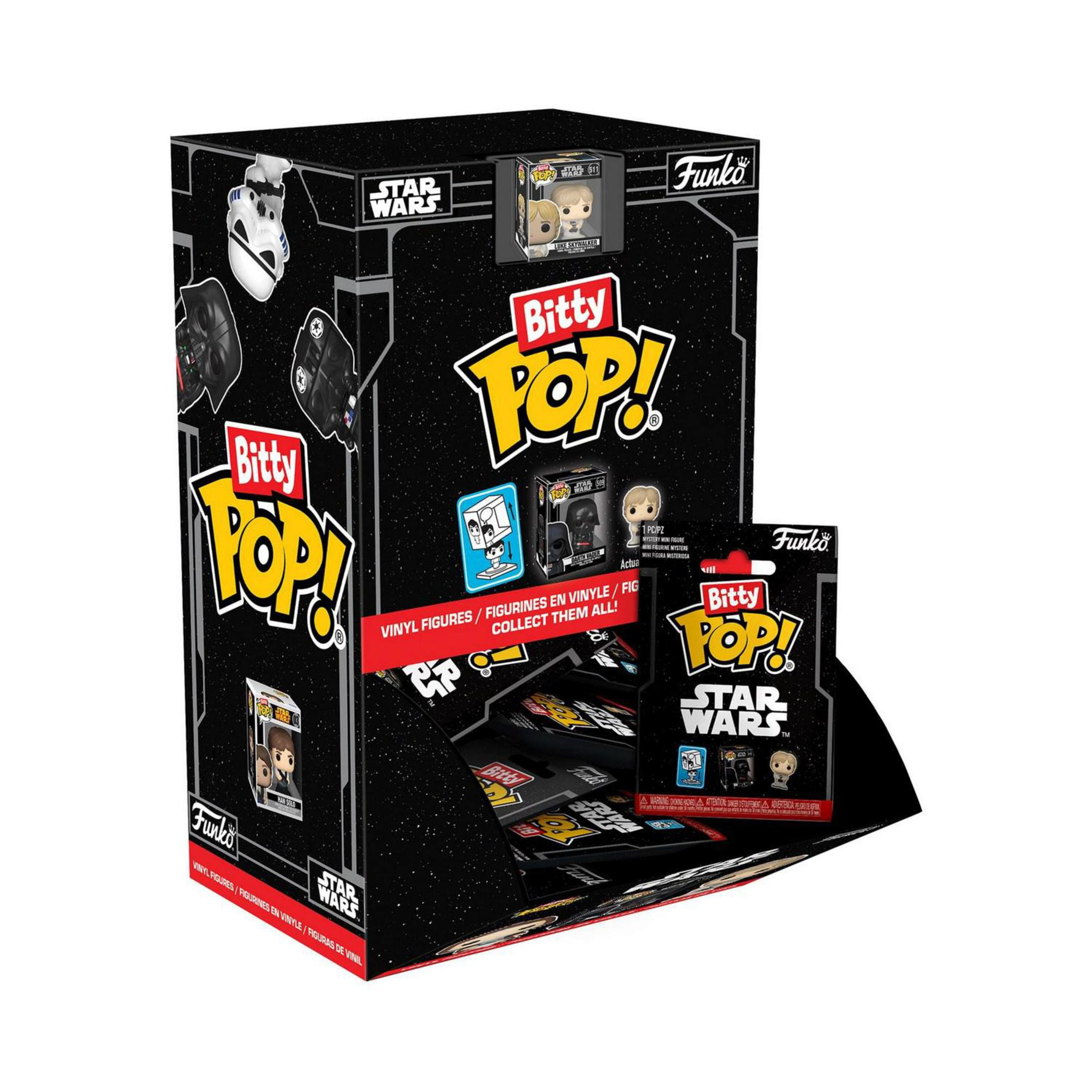 Bitty Pop-Displaybox mit Star Wars-Charakteren. Verschiedene Bitty Pop-Figuren in Boxen und im Display.