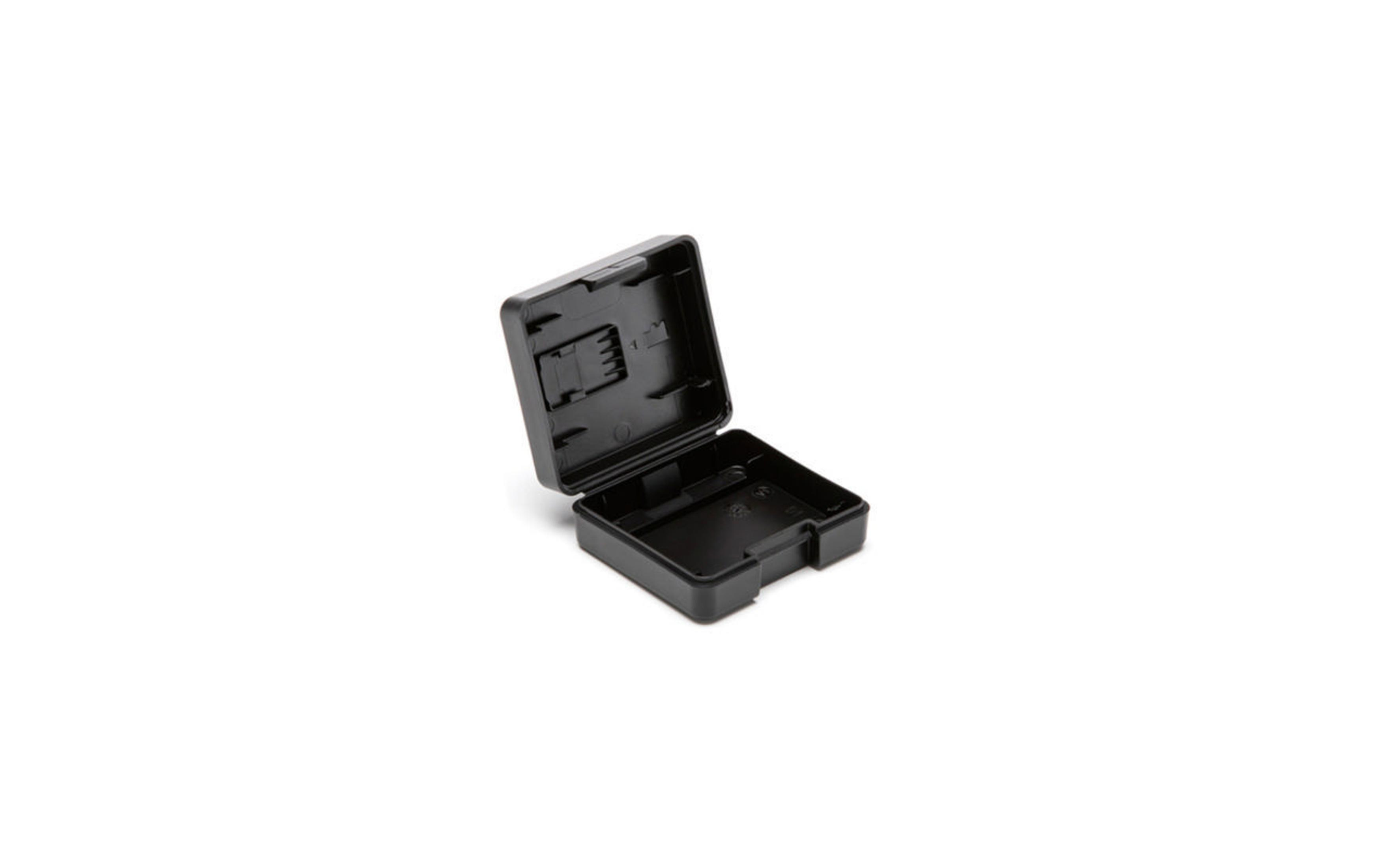 Caja de plástico negra abierta, vacía, contra un fondo blanco. La caja es rectangular con bordes redondeados.