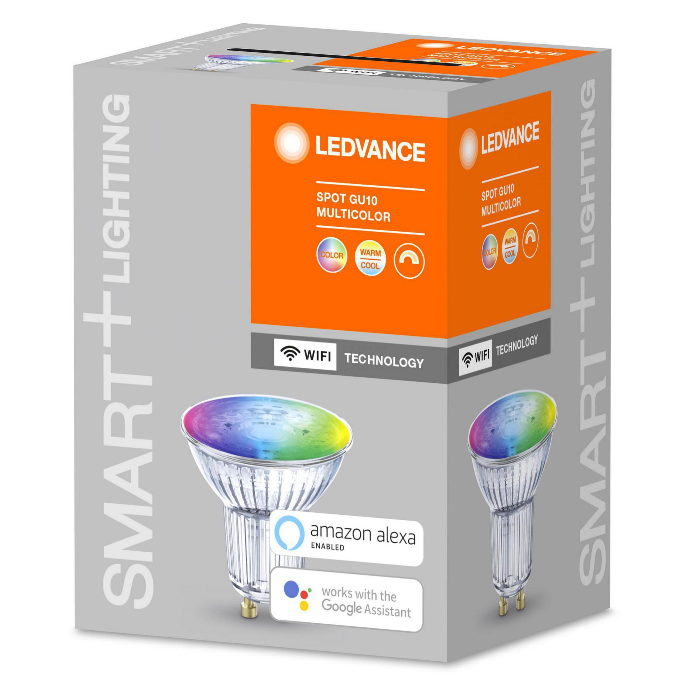 Eine bunte LEDVANCE Glühbirnenbox. Die Box zeigt eine farbenfrohe Glühbirne mit weißem Sockel und WLAN-Infos.