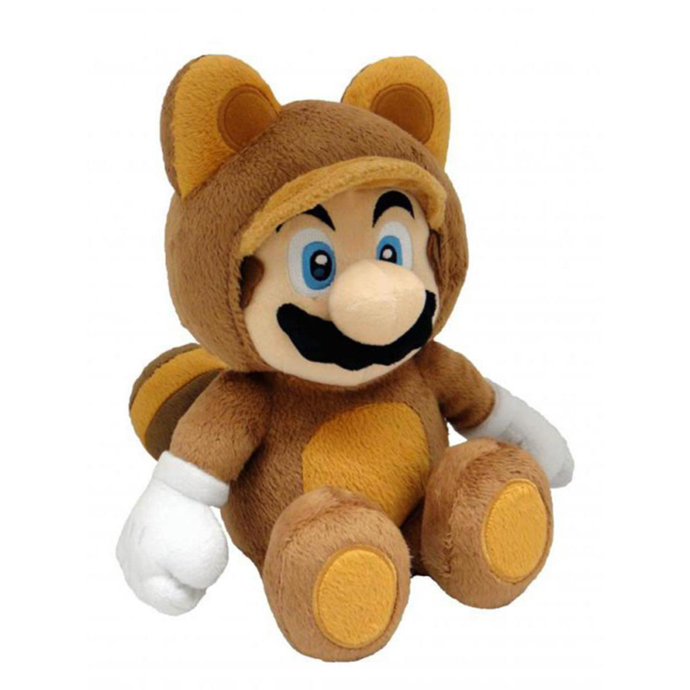 Tanooki Mario Plüschpuppe mit braunem Anzug, weißen Handschuhen und blauäugigem lächelnden Gesicht.