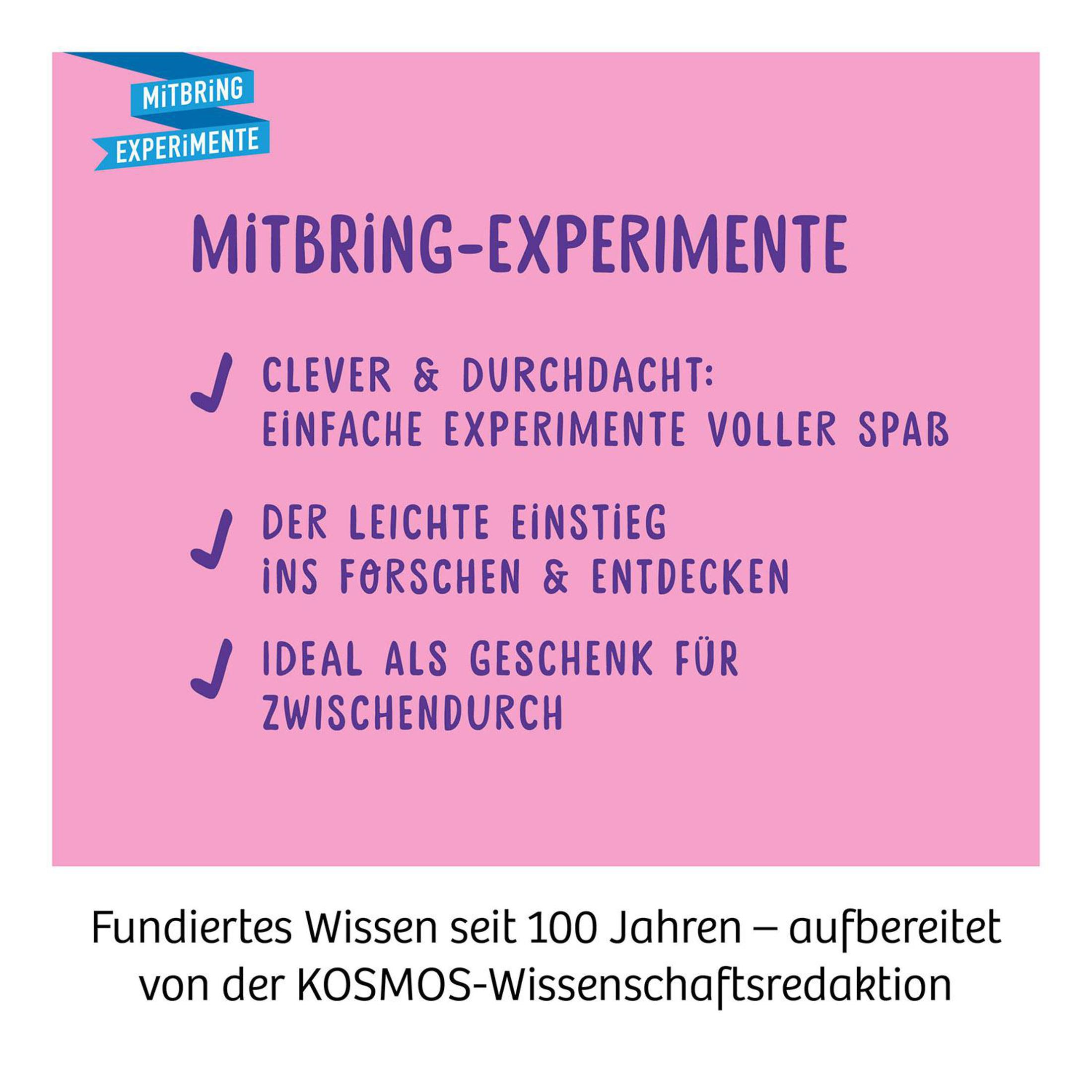 Text auf pinkem Hintergrund. Es steht 'MITBRING-EXPERIMENTE' und anderer Text. Weißer Hintergrund.