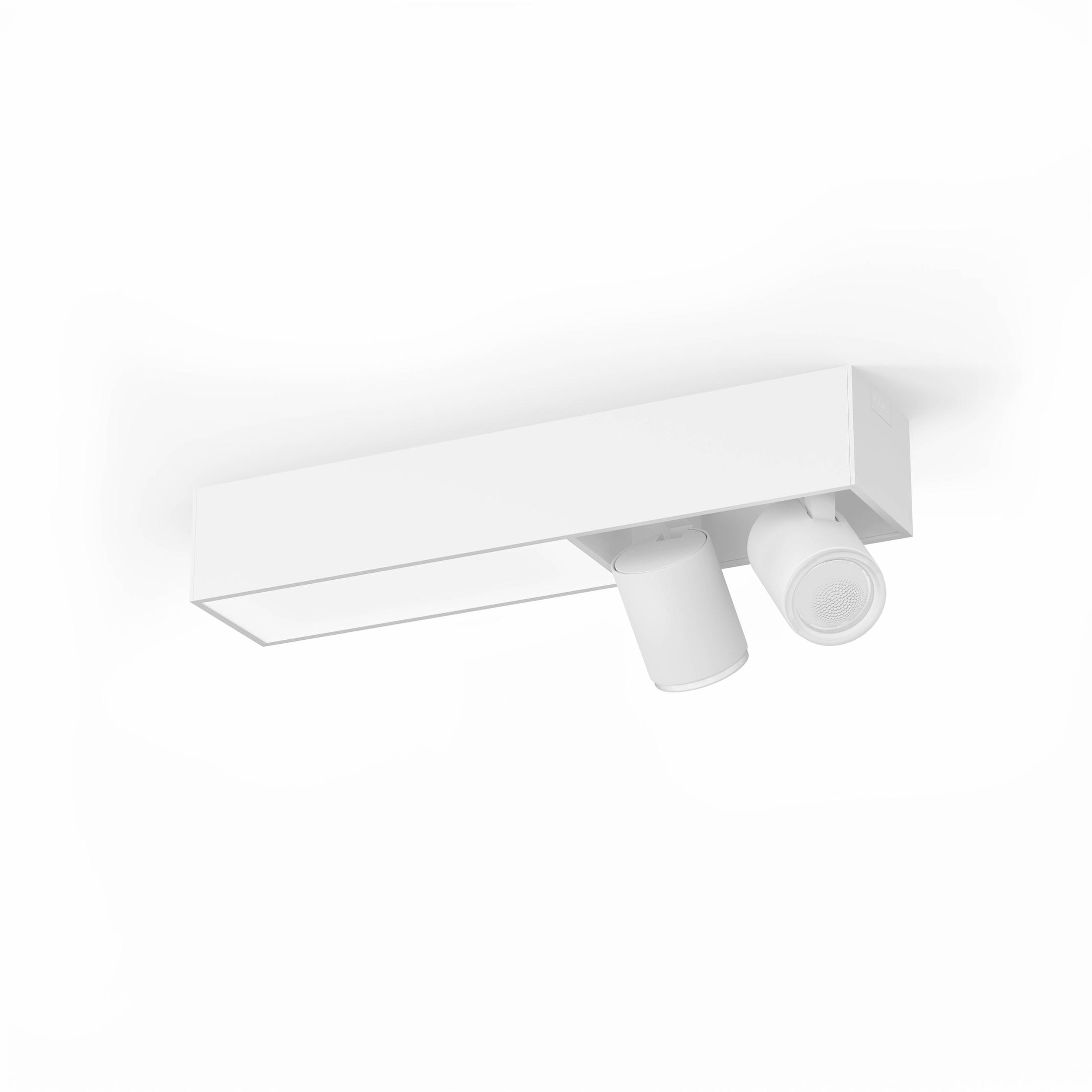 Spots de plafond blancs, deux lumières orientées vers le spectateur.