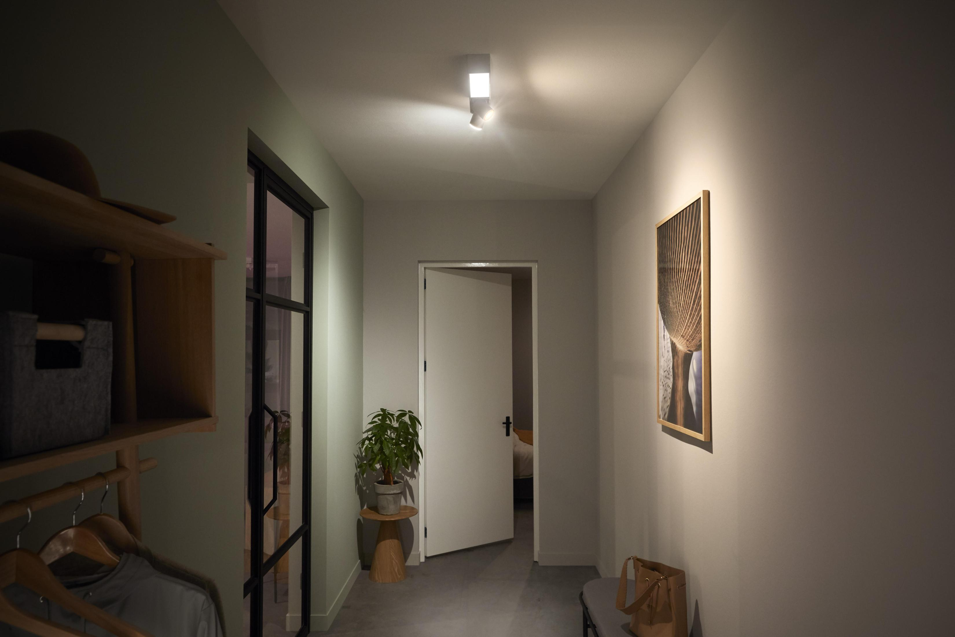 Un couloir avec des lumières et un tableau encadré au mur, une porte est ouverte au bout.