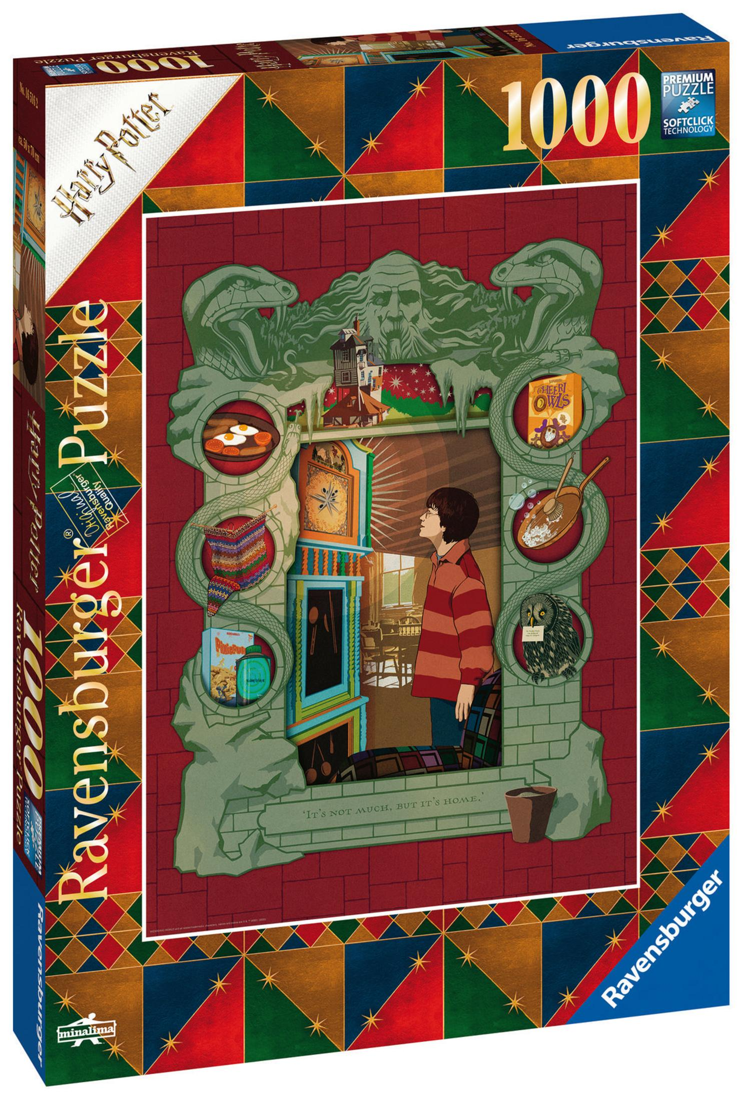 Pudełko z puzzlami Harry'ego Pottera. Obraz na pudełku to scena z Harry'ego Pottera, z tekstem.