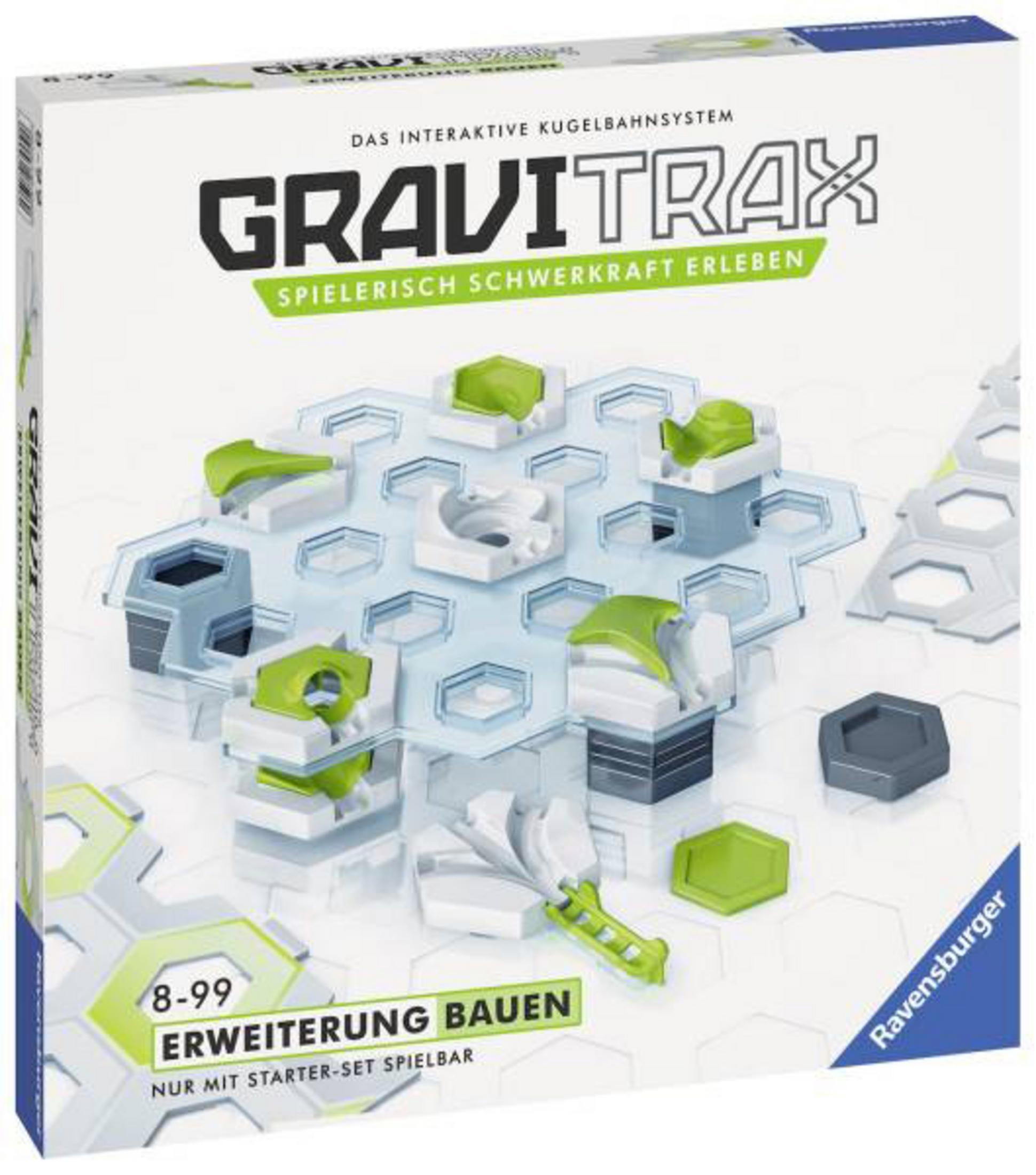 Una scatola del gioco Gravitrax che mostra un sistema di pista per biglie, con componenti verdi e bianchi.