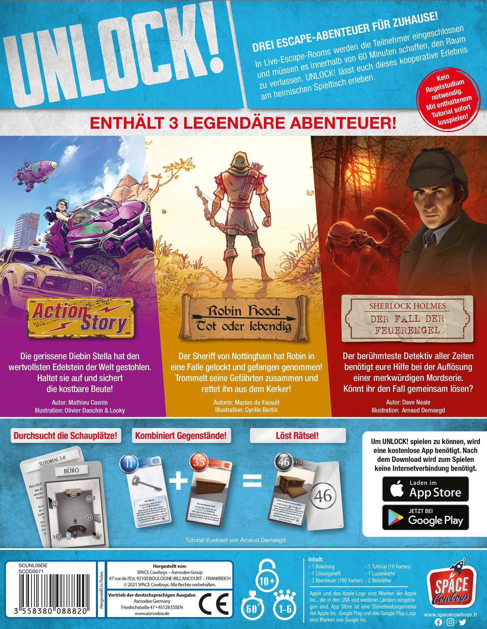 Eine Brettspielbox mit verschiedenen Cartoon-Bildern, darunter ein Auto, ein Detektiv und eine Person mit Pfeil und Bogen.