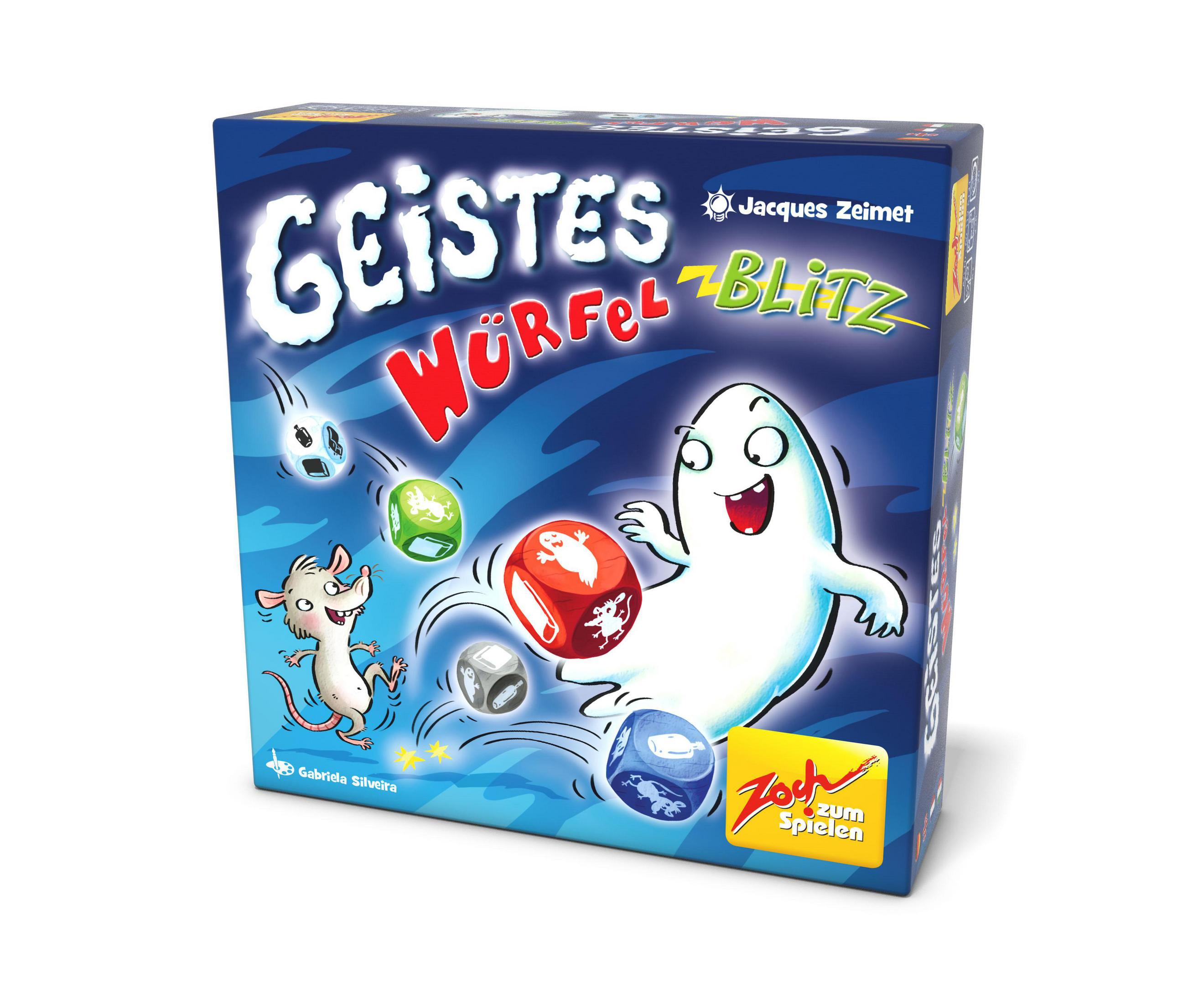 Schachtelkunst: Brettspiel mit Geist und Würfeln. Titel: Geistesblitz. Maus und Würfel ebenfalls vorhanden.