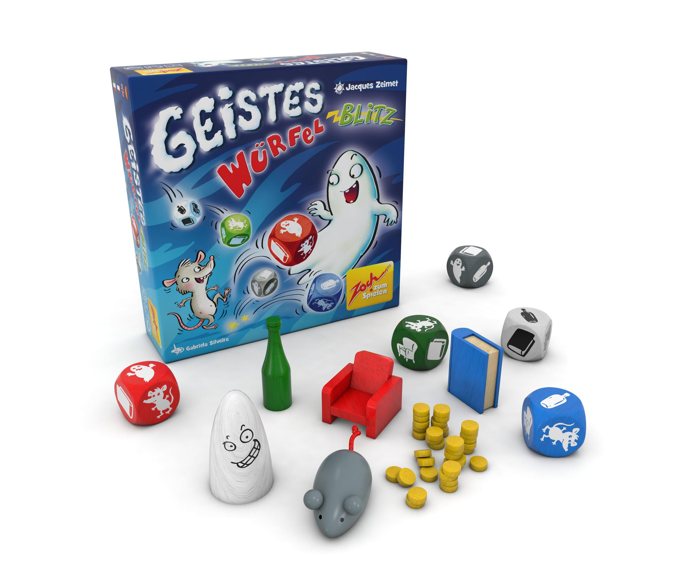 Eine Brettspielbox und -teile. Die Box ist blau mit einem Geist, dazu Würfel und Spielsteine.