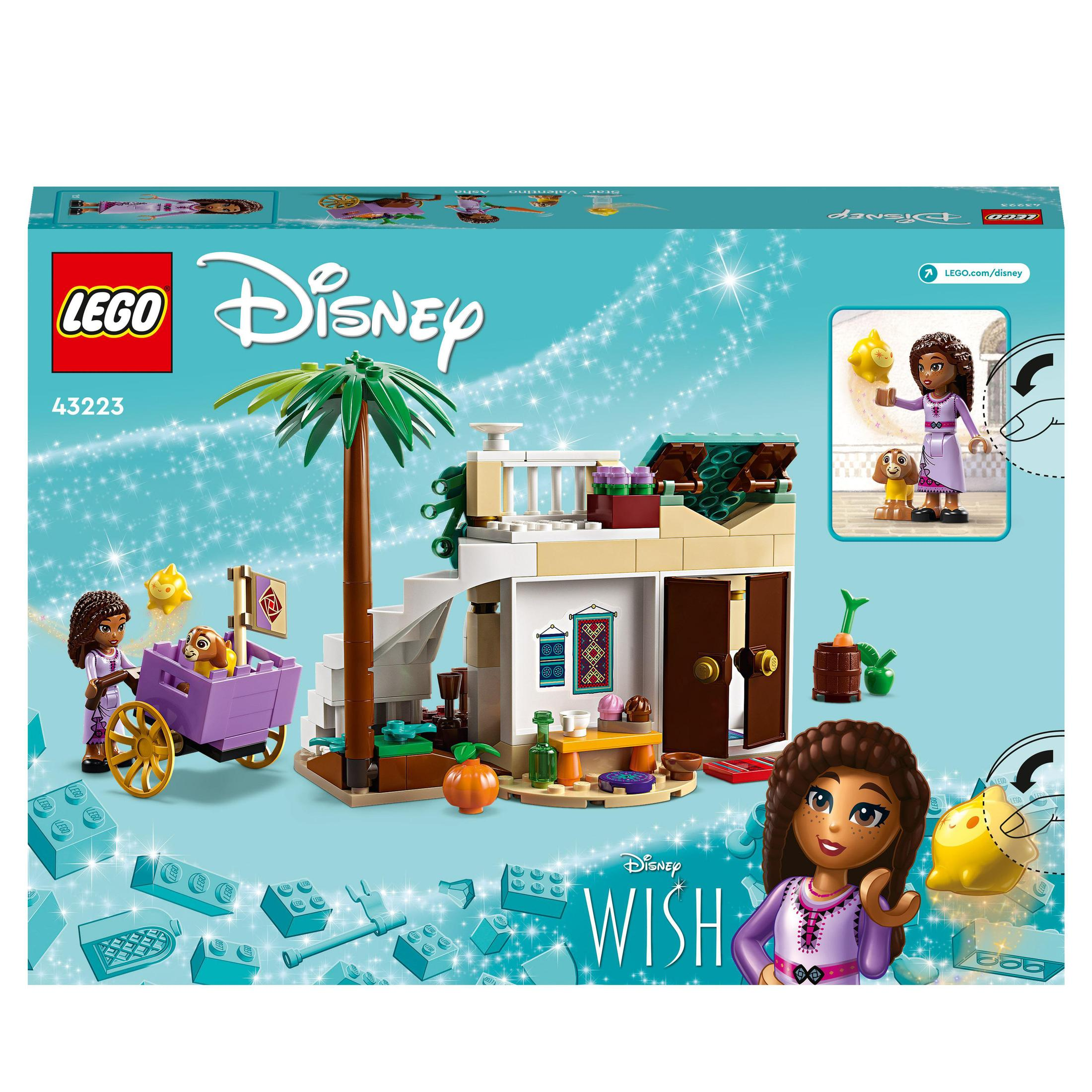 Zestaw Lego Disney Wish. Zawiera postacie, budynek, palmę i fioletowy wózek. Zawiera logo Lego i Disney.