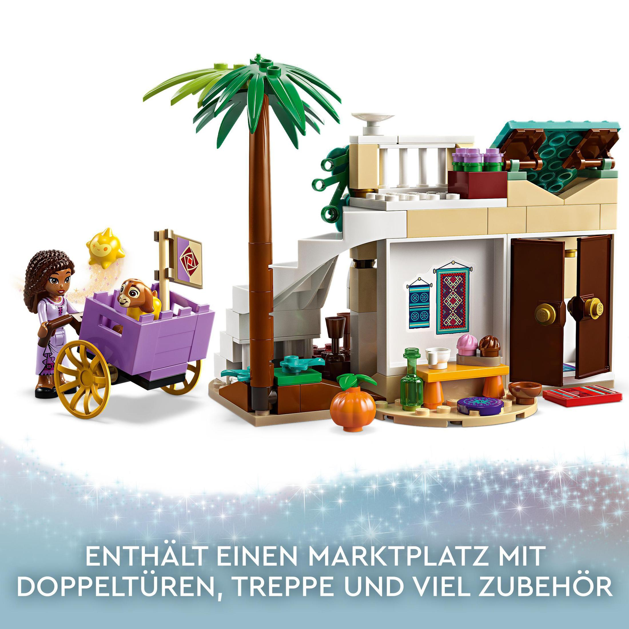 Zestaw LEGO ze sceną targową z wózkiem, schodami i różnymi konstrukcjami. Postać ciągnie wózek.