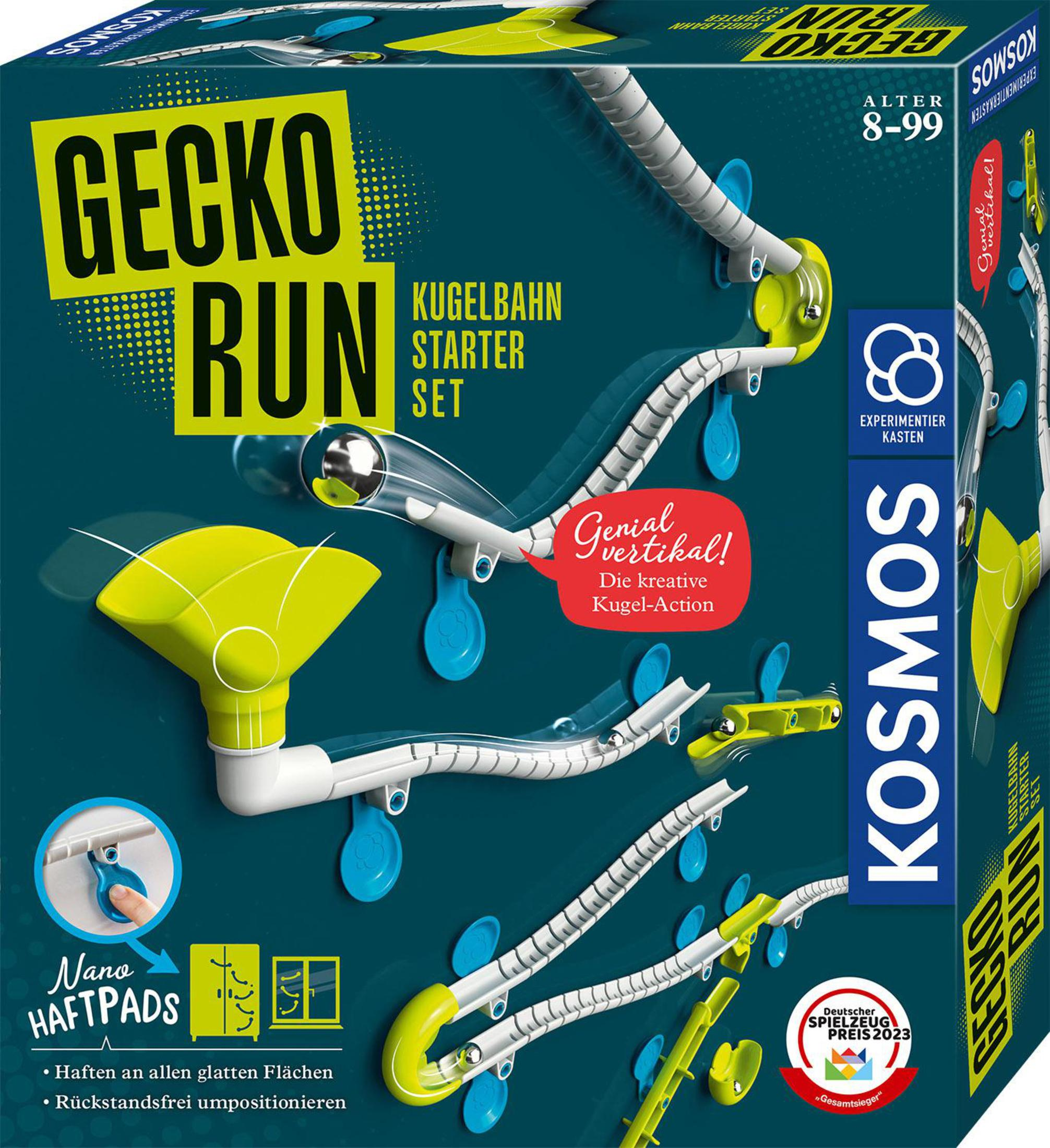 Gecko Run Spielbox mit Kugelbahn und dem Wort Gecko Run. Die Box steht auf weißem Untergrund.