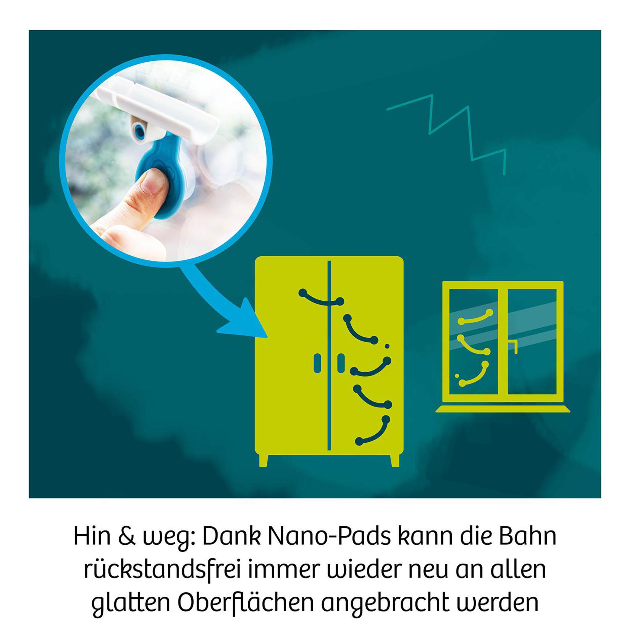 Anleitung für ein Reinigungsgerät, mit Hand und Schrank-Illustration.