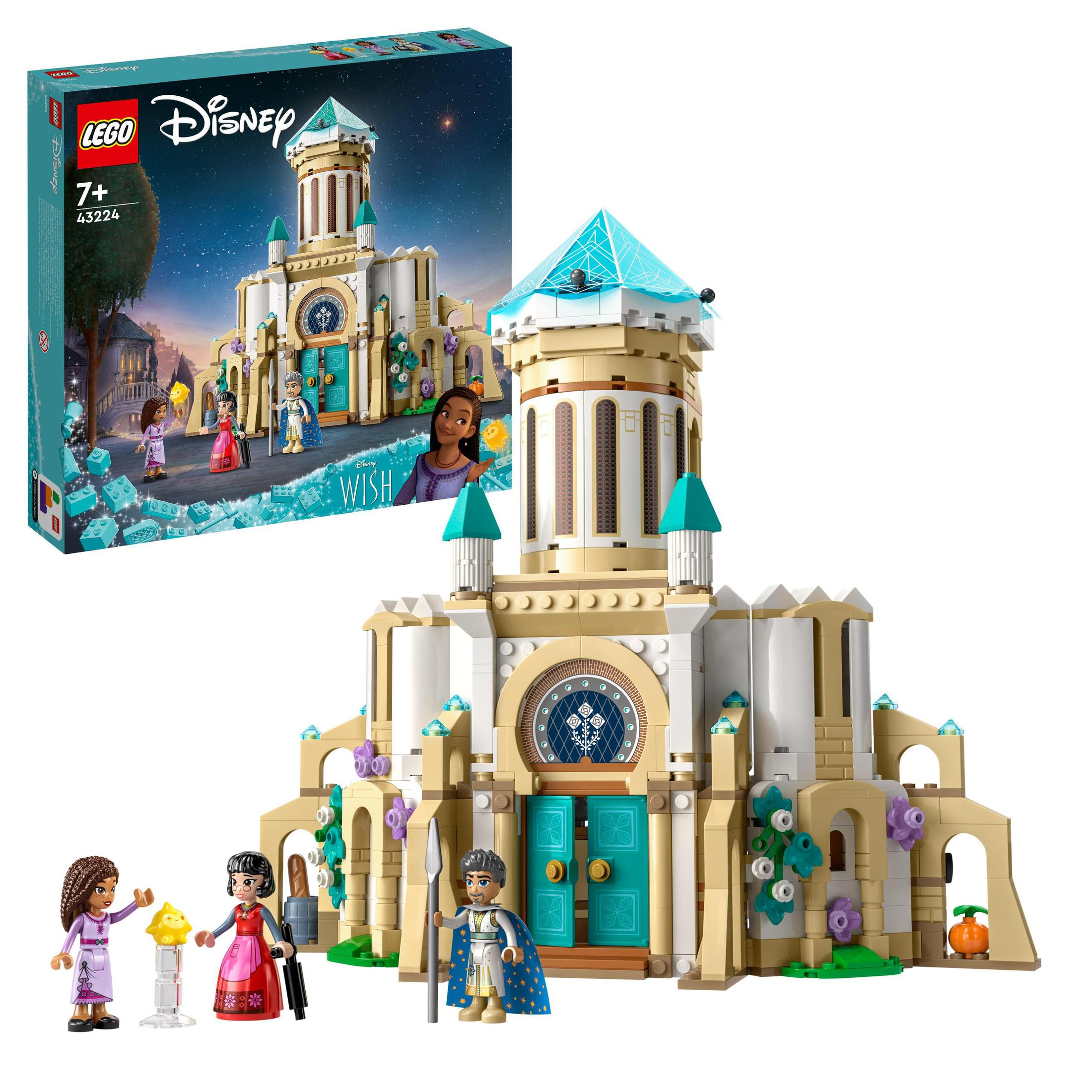 Zestaw Lego Disney Wish z zamkiem, figurkami i pudełkiem na białym tle.