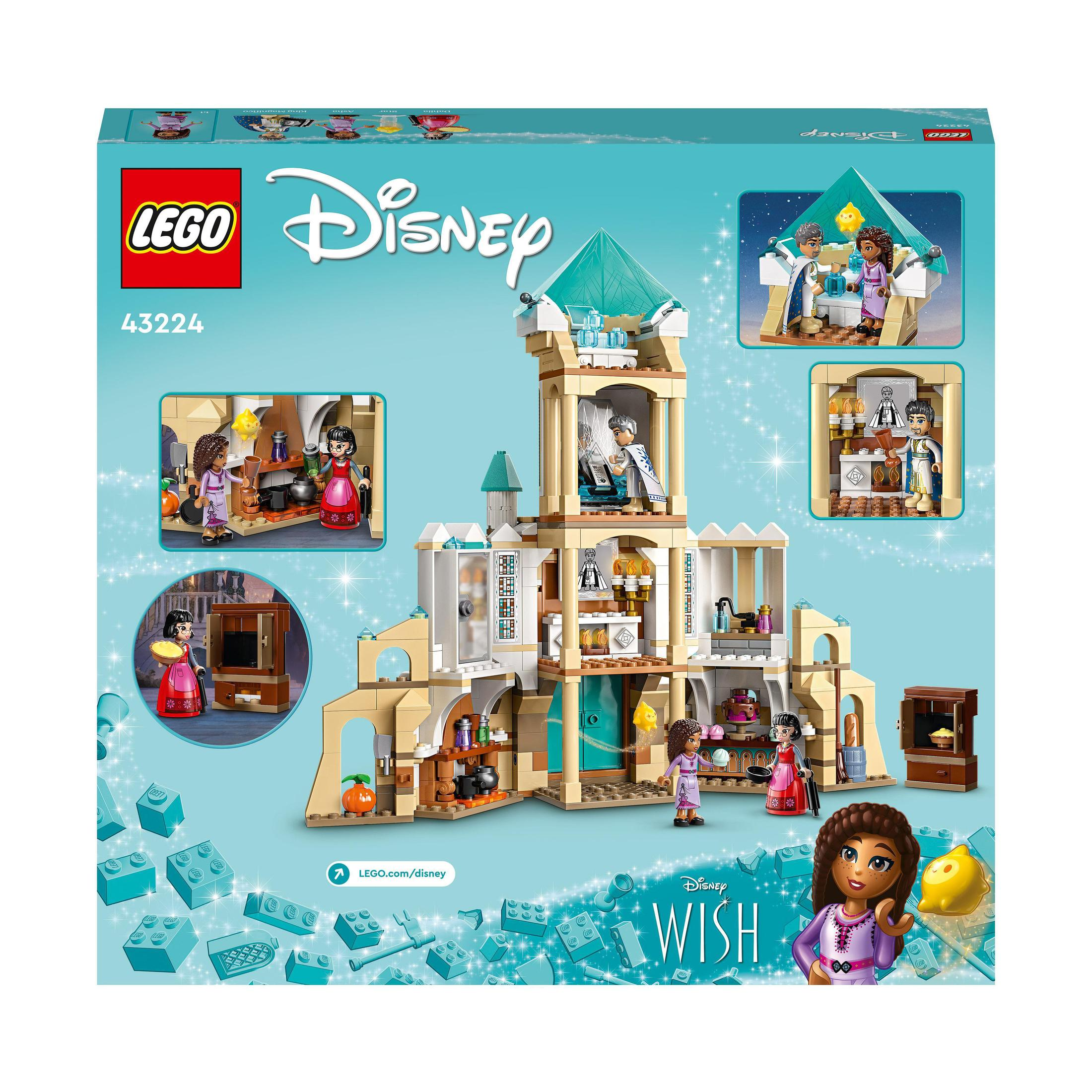 Pudełko zestawu Lego Disney Wish, pokazujące zamek i minifigurki. Tył pudełka z wieloma scenami.