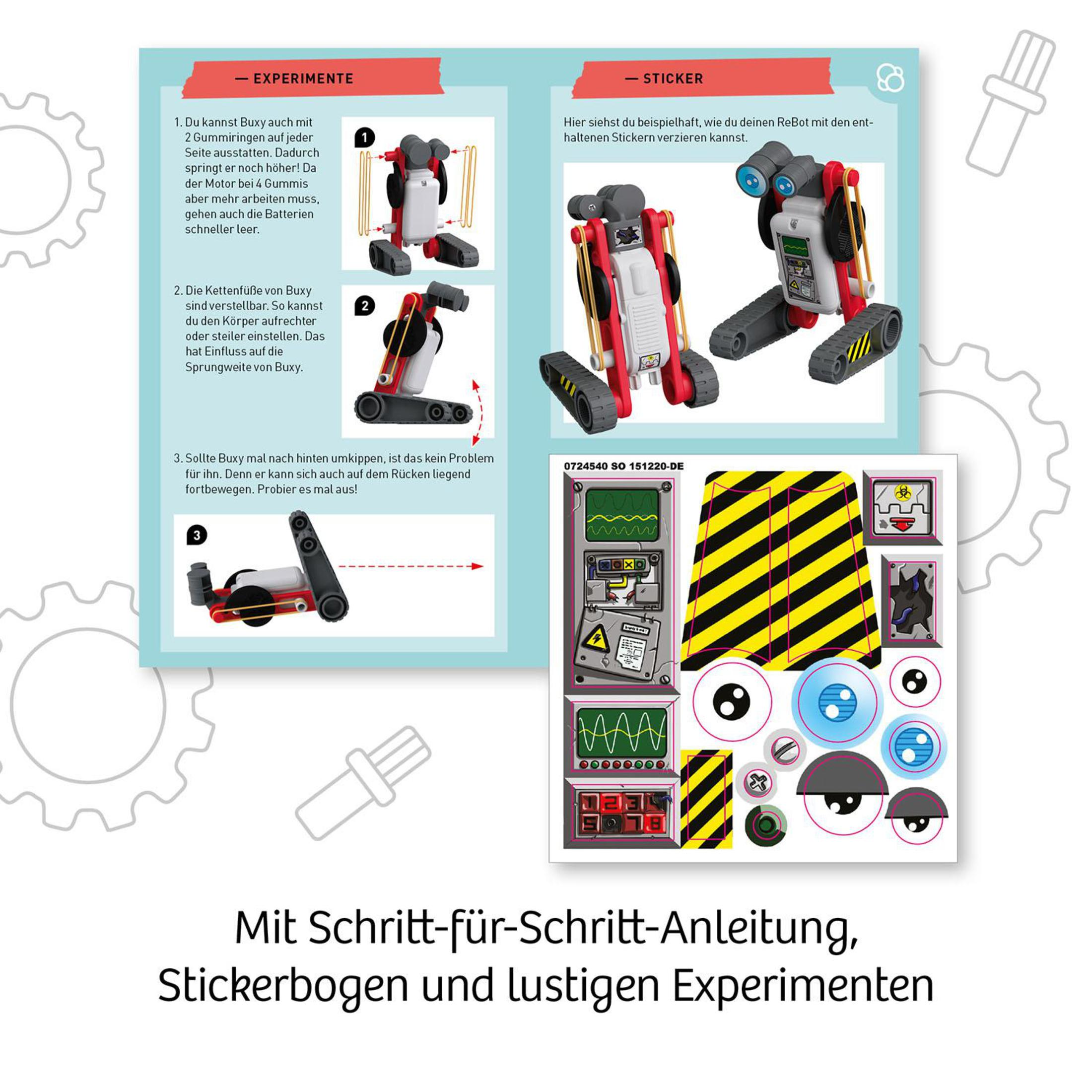 Guide étape par étape sur une double page avec un robot jouet et des autocollants.