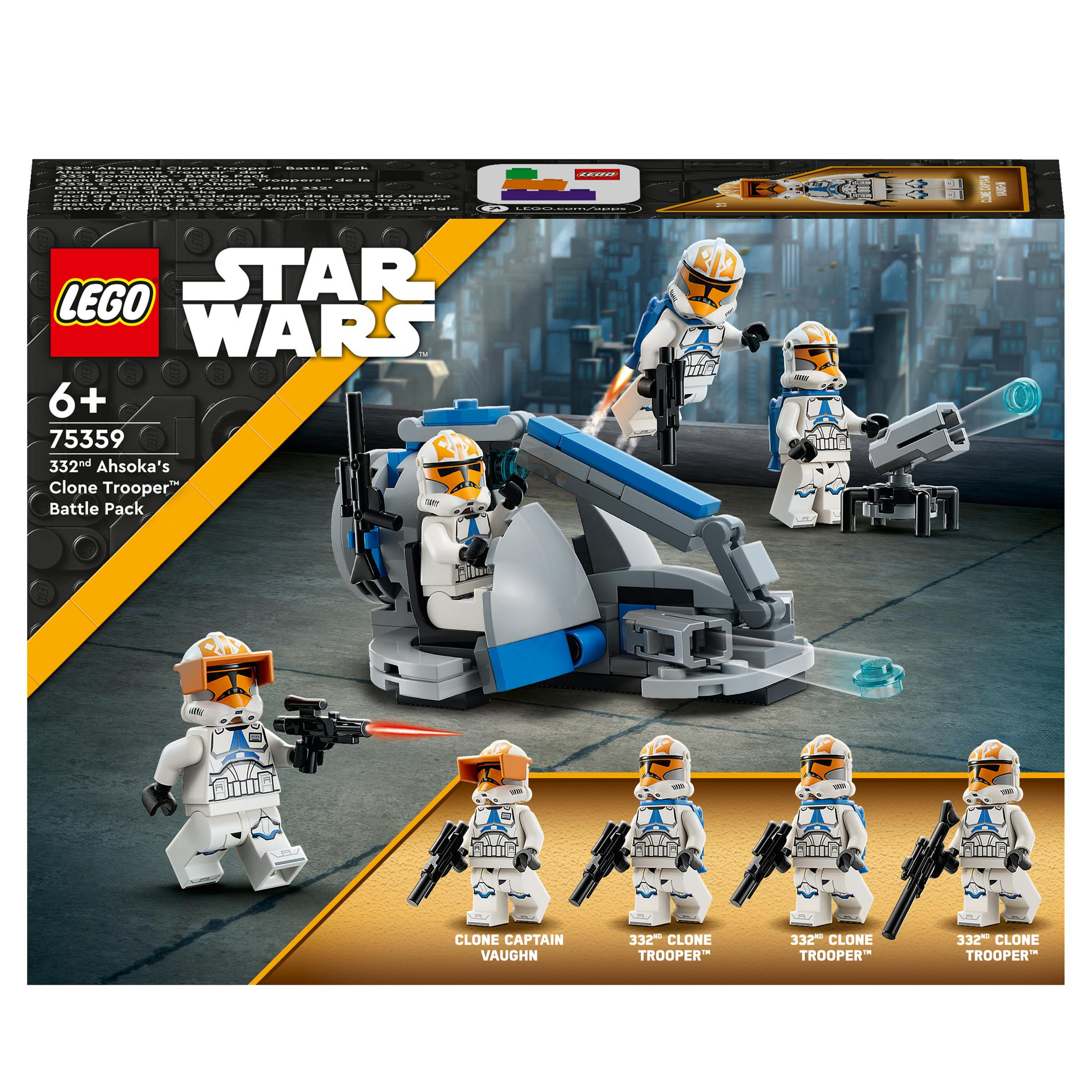 Een Lego Star Wars-setdoos toont figuren van kloontroepen op een blauw voertuig.