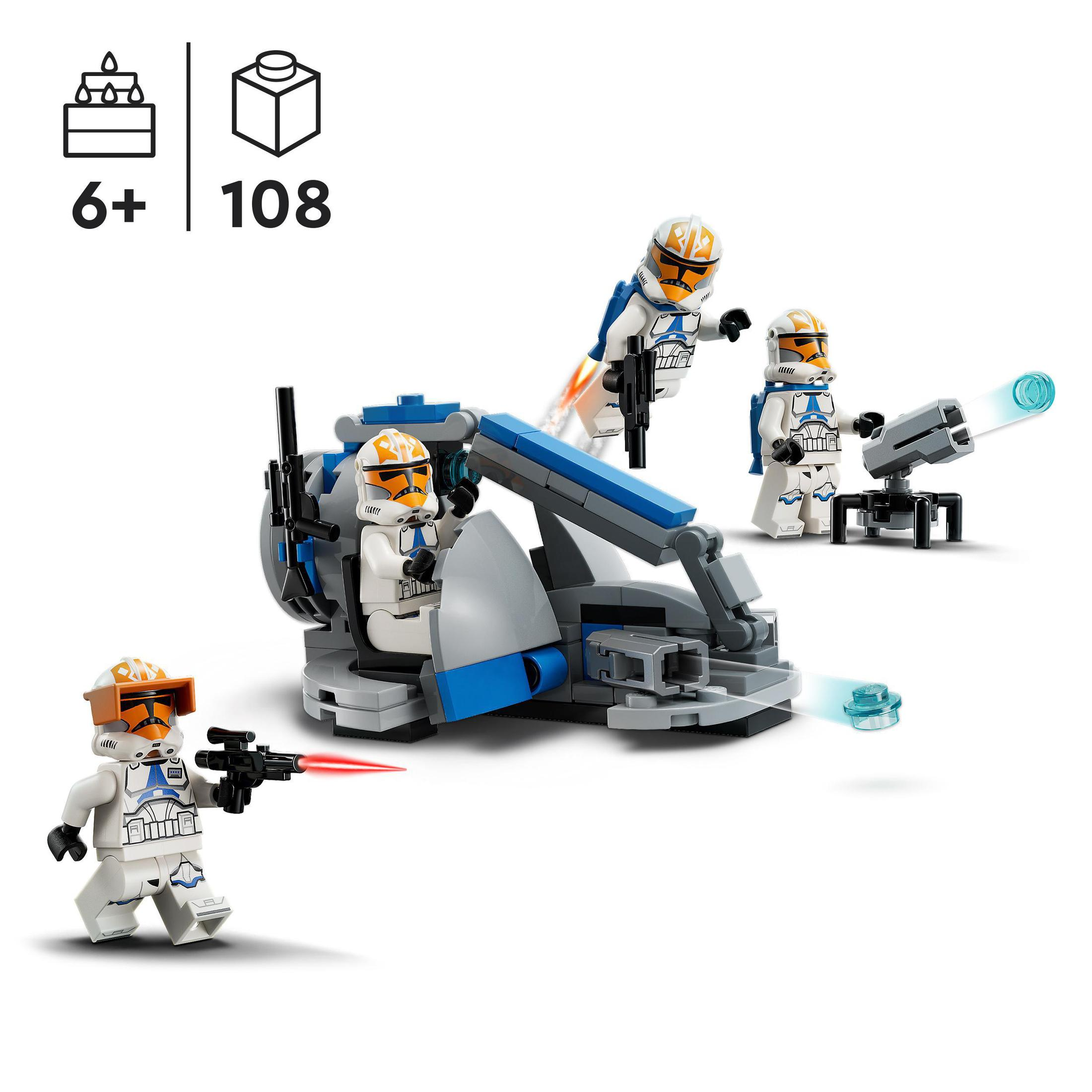 Lego set met kloontroepen, een voertuig en kanonnen. Witte achtergrond.