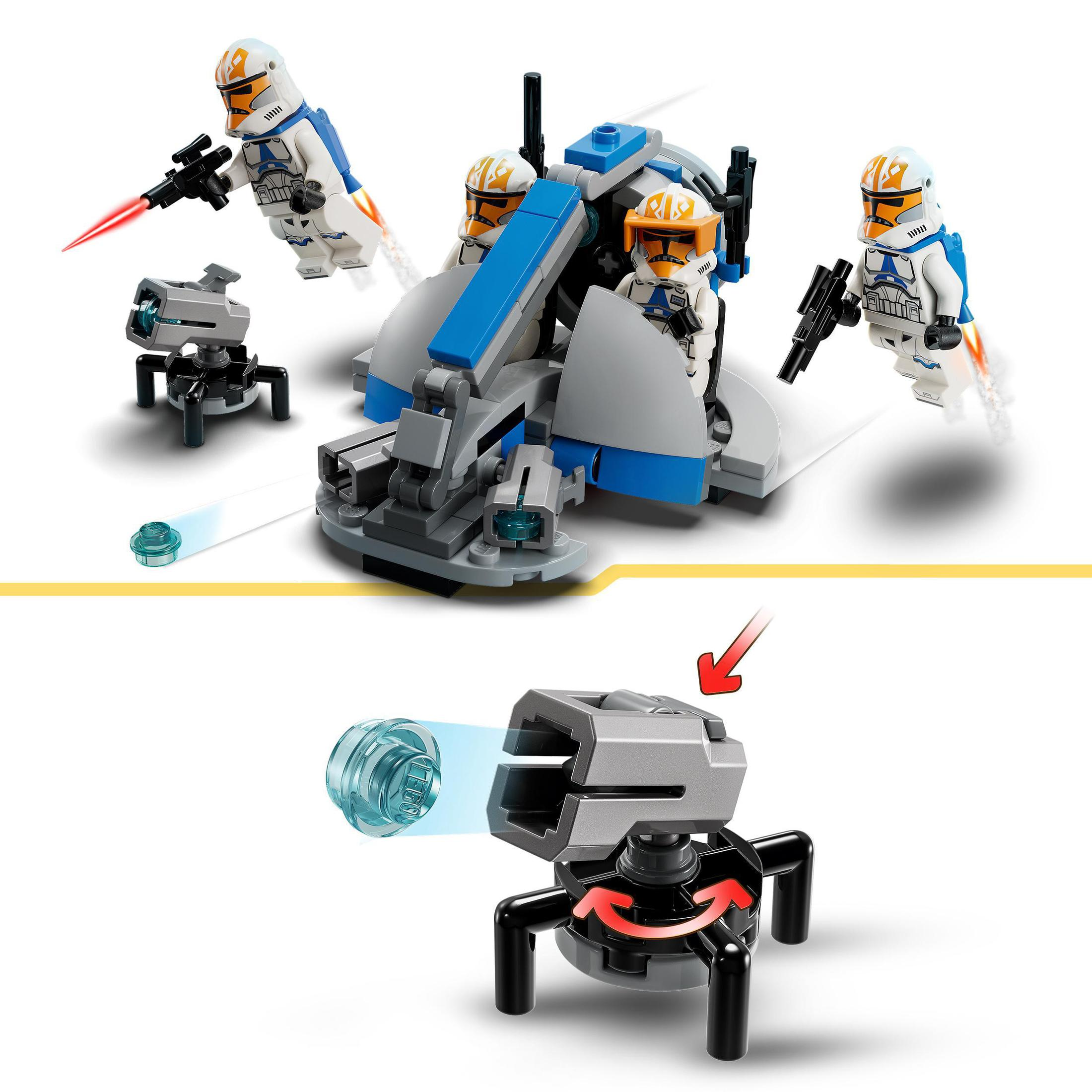 Lego set met drie soldaten in een voertuig dat vuurt. Een kanon vuurt een blauwe schijf af. Witte achtergrond.