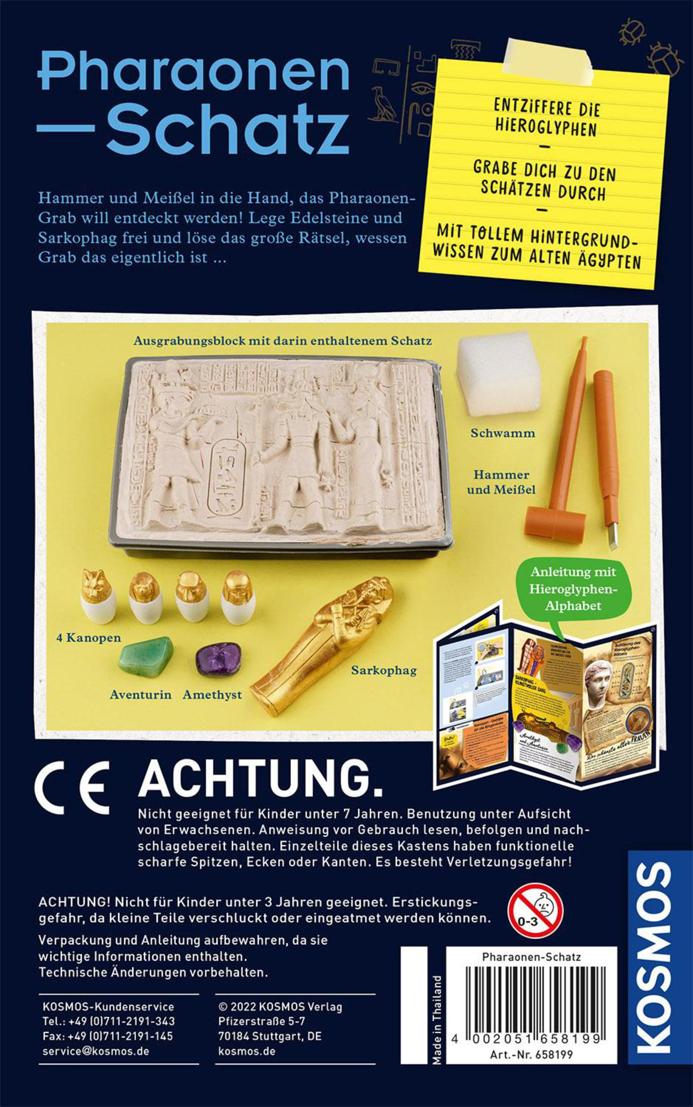 Box-Set eines Pharaonen-Schatzes, mit Ausgrabungswerkzeugen, Figuren und einem Büchlein.