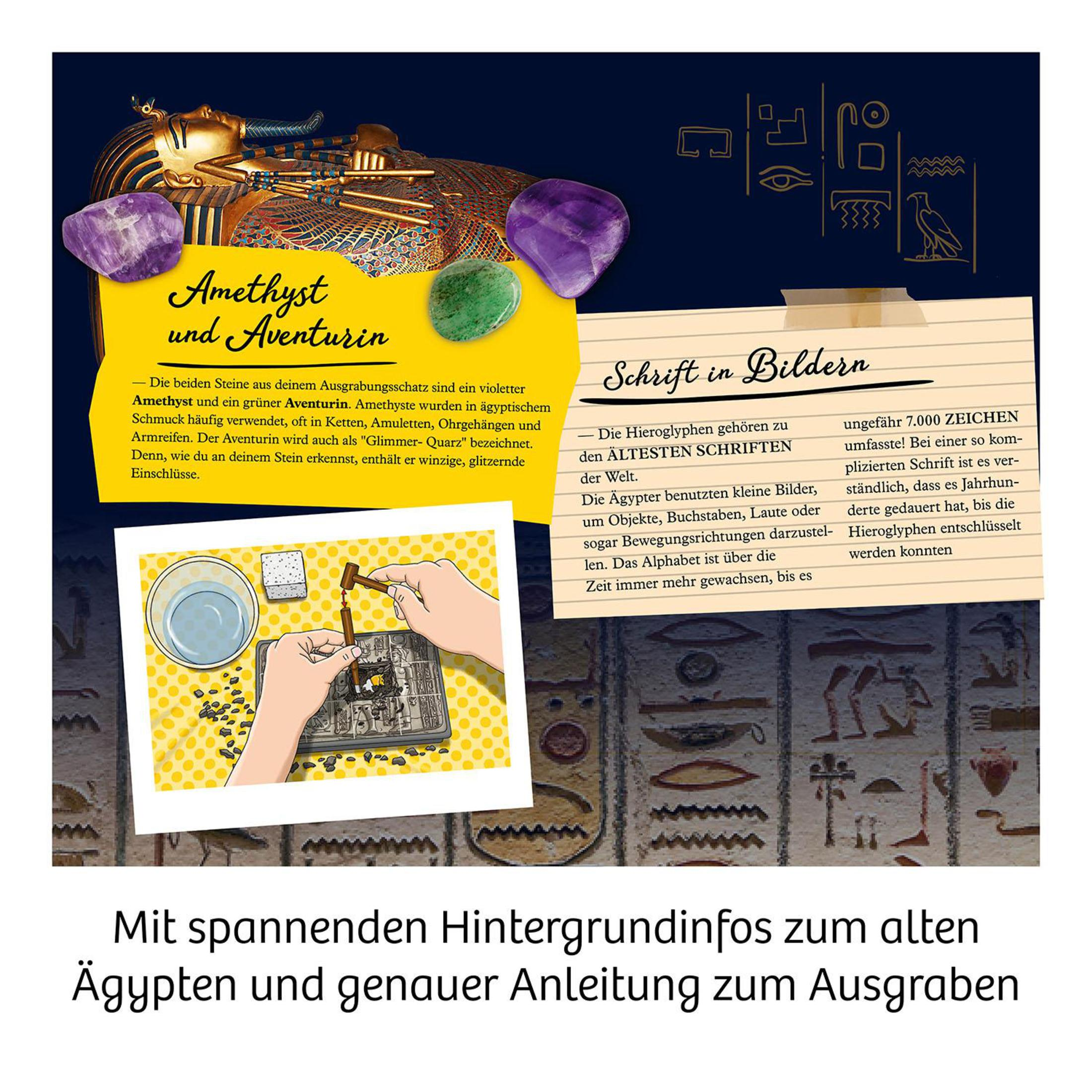 Lehrtafel über das alte Ägypten mit Illustrationen von Hieroglyphen und Artefakten, mit Text auf Deutsch.