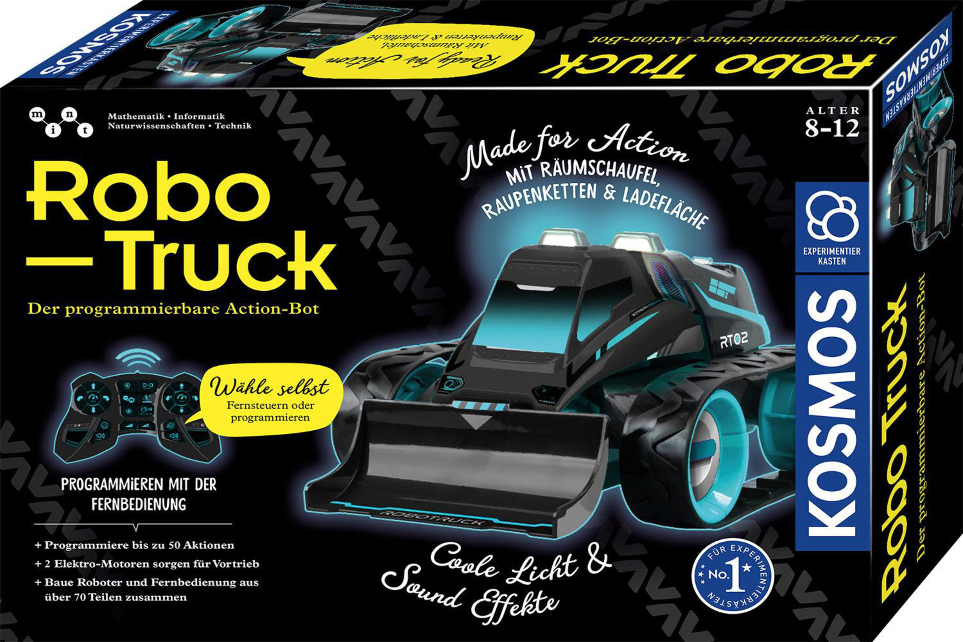 Robo-Truck-Box mit einer Spielzeug-LKW-Illustration. Weißer Hintergrund.