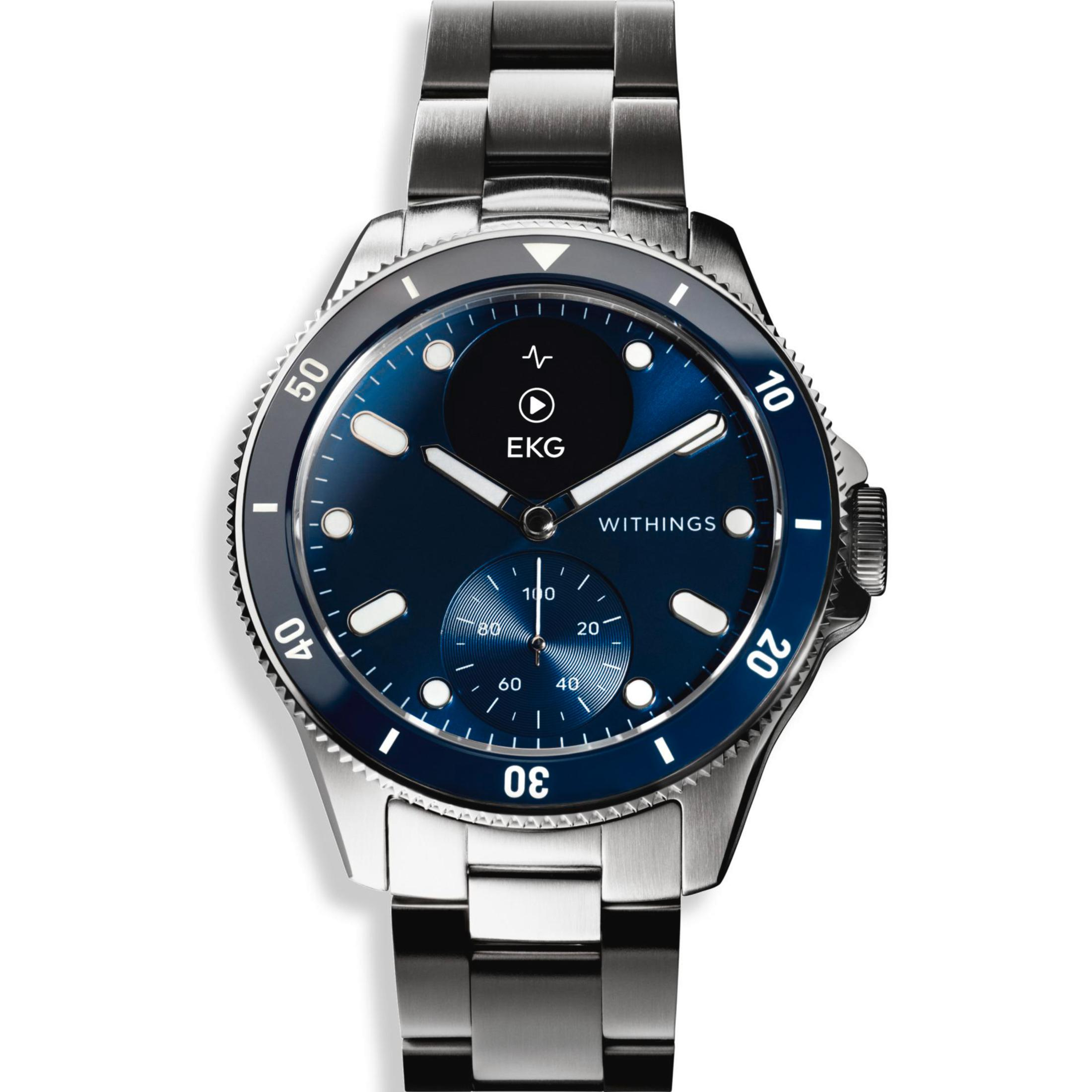 Withings Smartwatch. Blaue Lünette und Armband. Weißer Hintergrund.