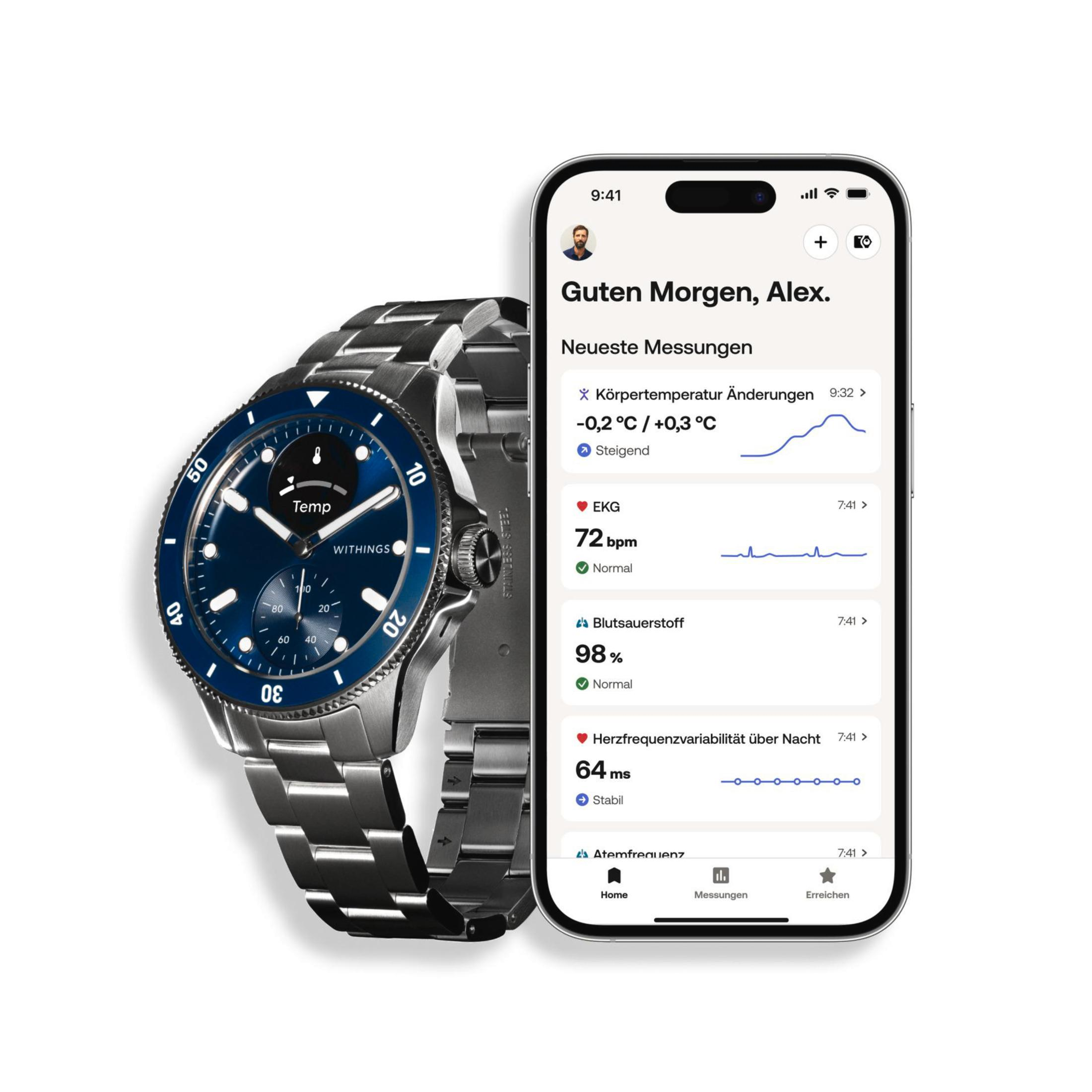 Smartwatch und Telefon, die Gesundheitsdaten anzeigen. Die Uhr ist Edelstahl mit blauem Zifferblatt.
