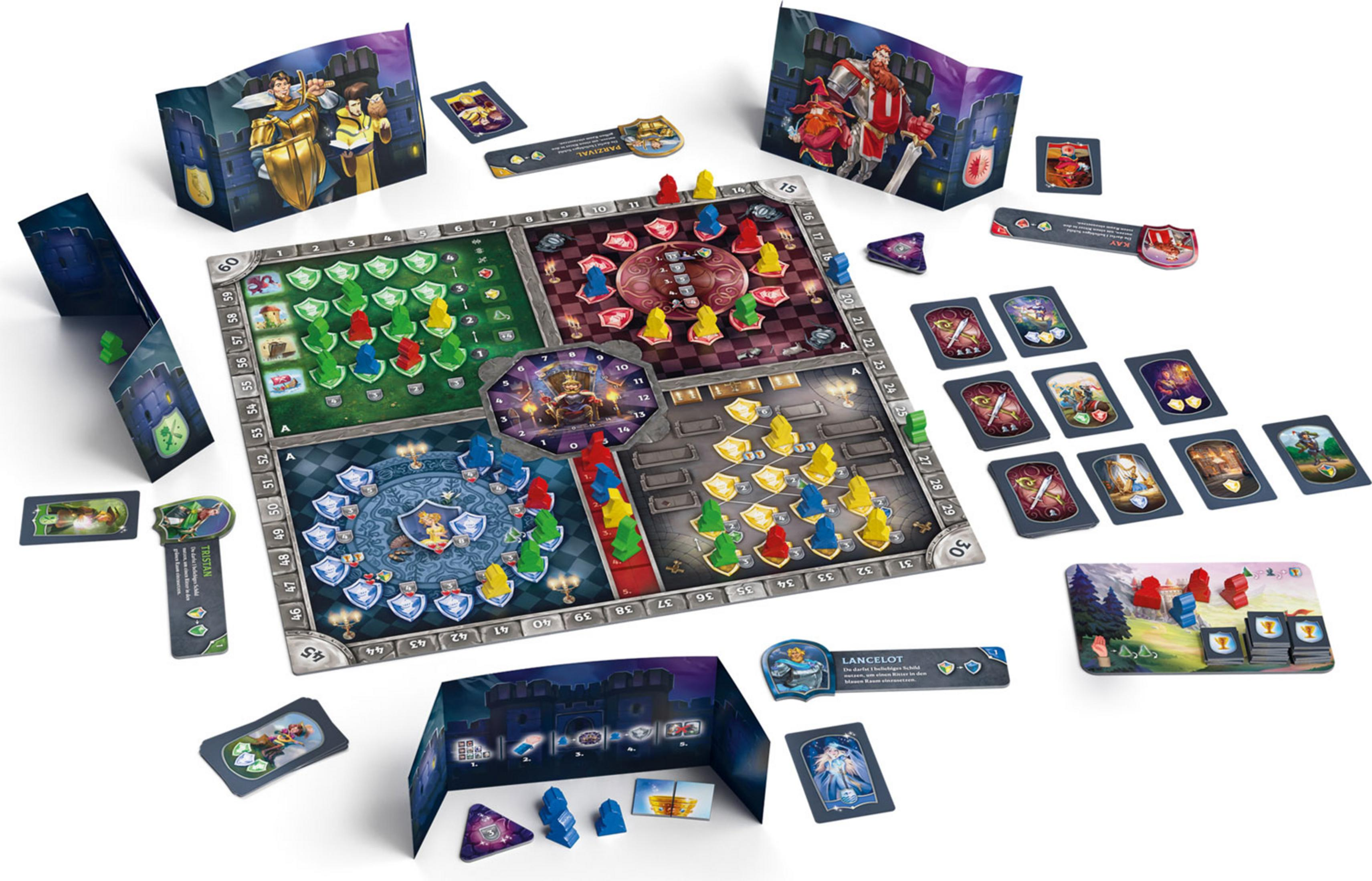 Ein Brettspiel mit Teilen. Es hat ein Spielbrett, Karten und verschiedene Spielsteine wie Figuren.