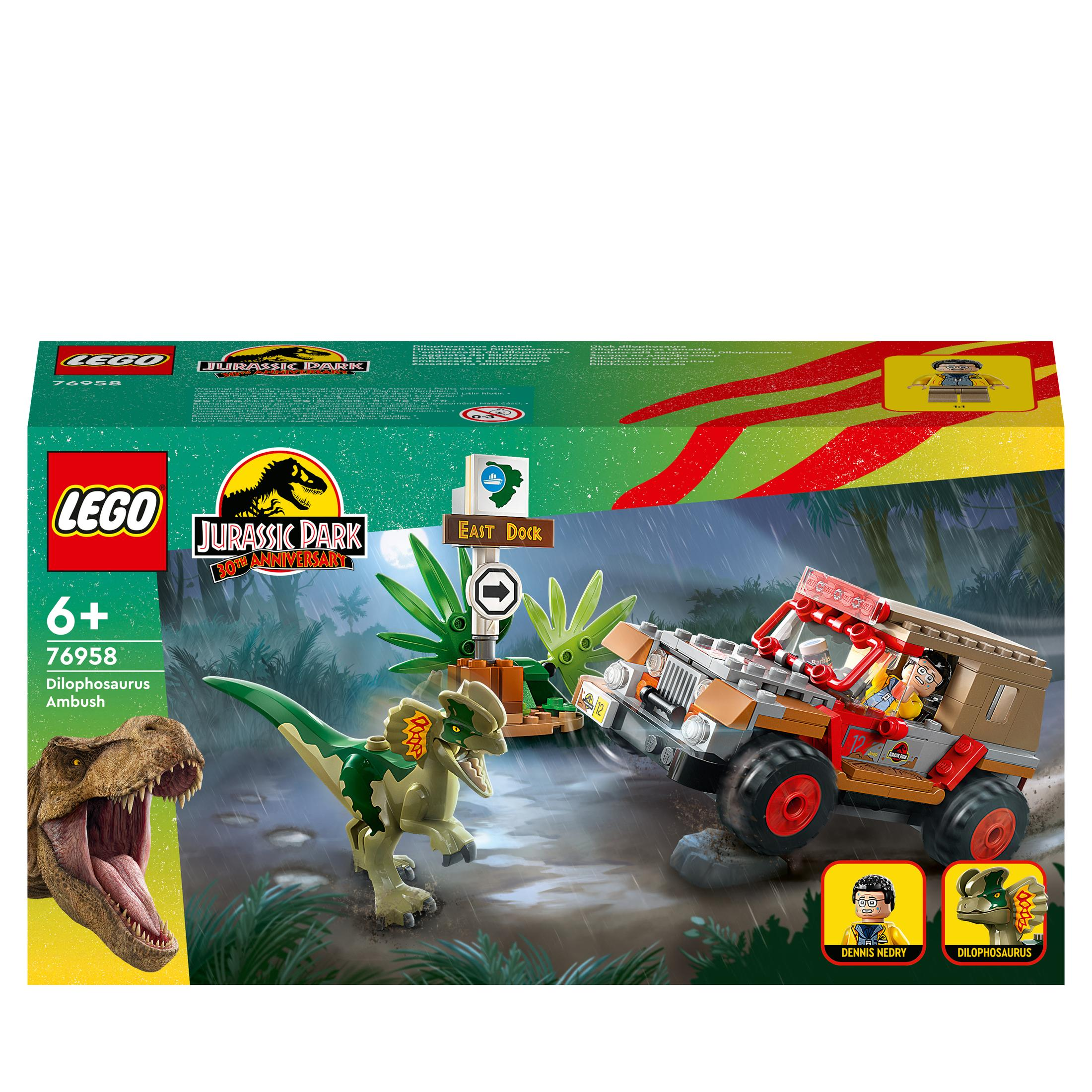 Lego Jurassic Park Set mit grünem Dinosaurier, der ein rotes Jeep-Spielzeug angreift.