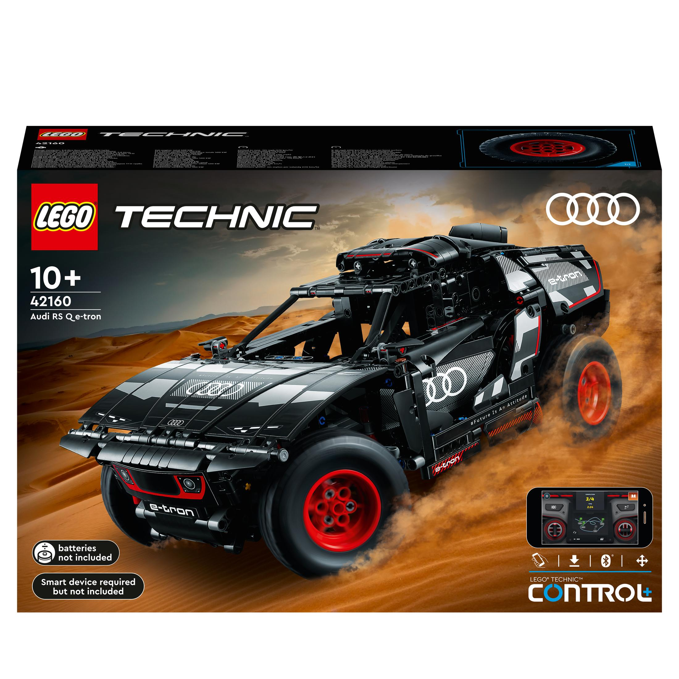 Zestaw modelu Lego Technic Audi RS Q e-tron. Czarny i czerwony samochód ze skrzynką kontrolną i bateriami.