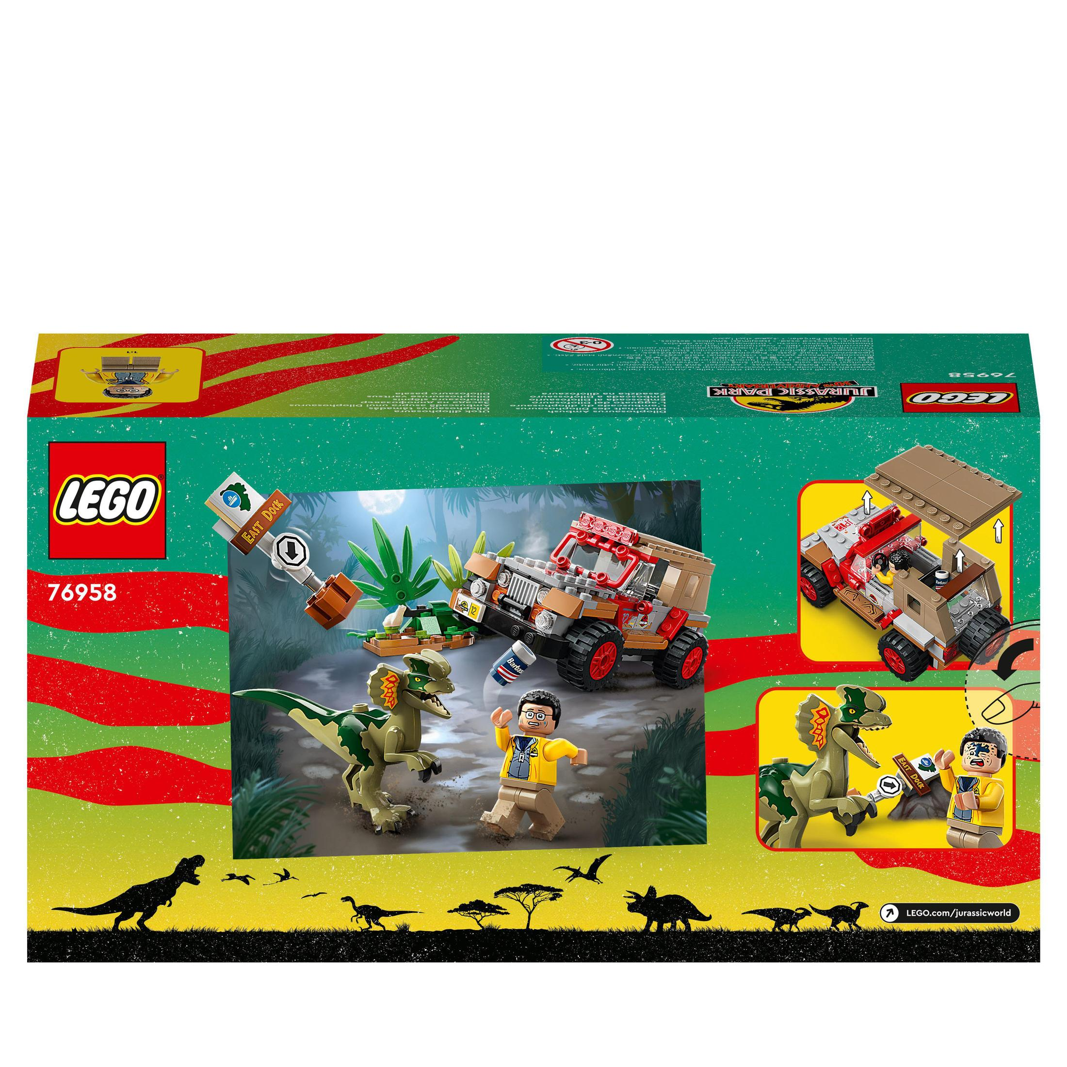 Die Rückseite einer Lego Jurassic World Box mit einer Szene von Dinosauriern und einem Lego-Auto.