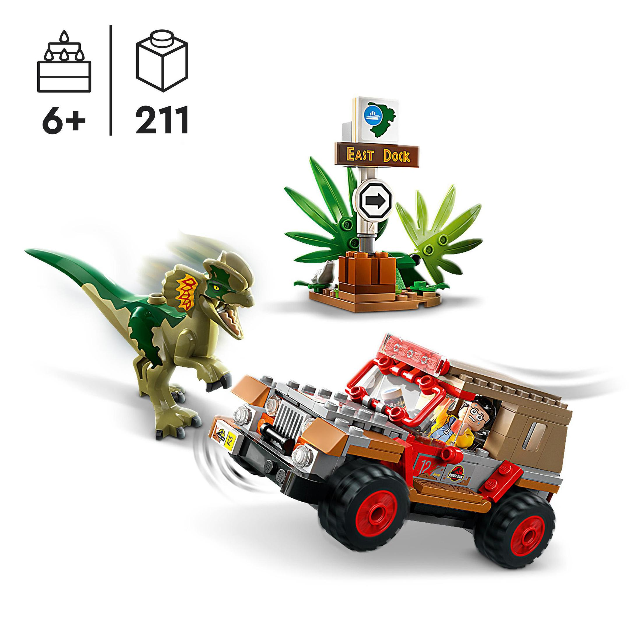 Lego-Set mit einem Dinosaurier und einem Jeep. Ein Schild sagt 'East Dock'. Weißer Hintergrund.