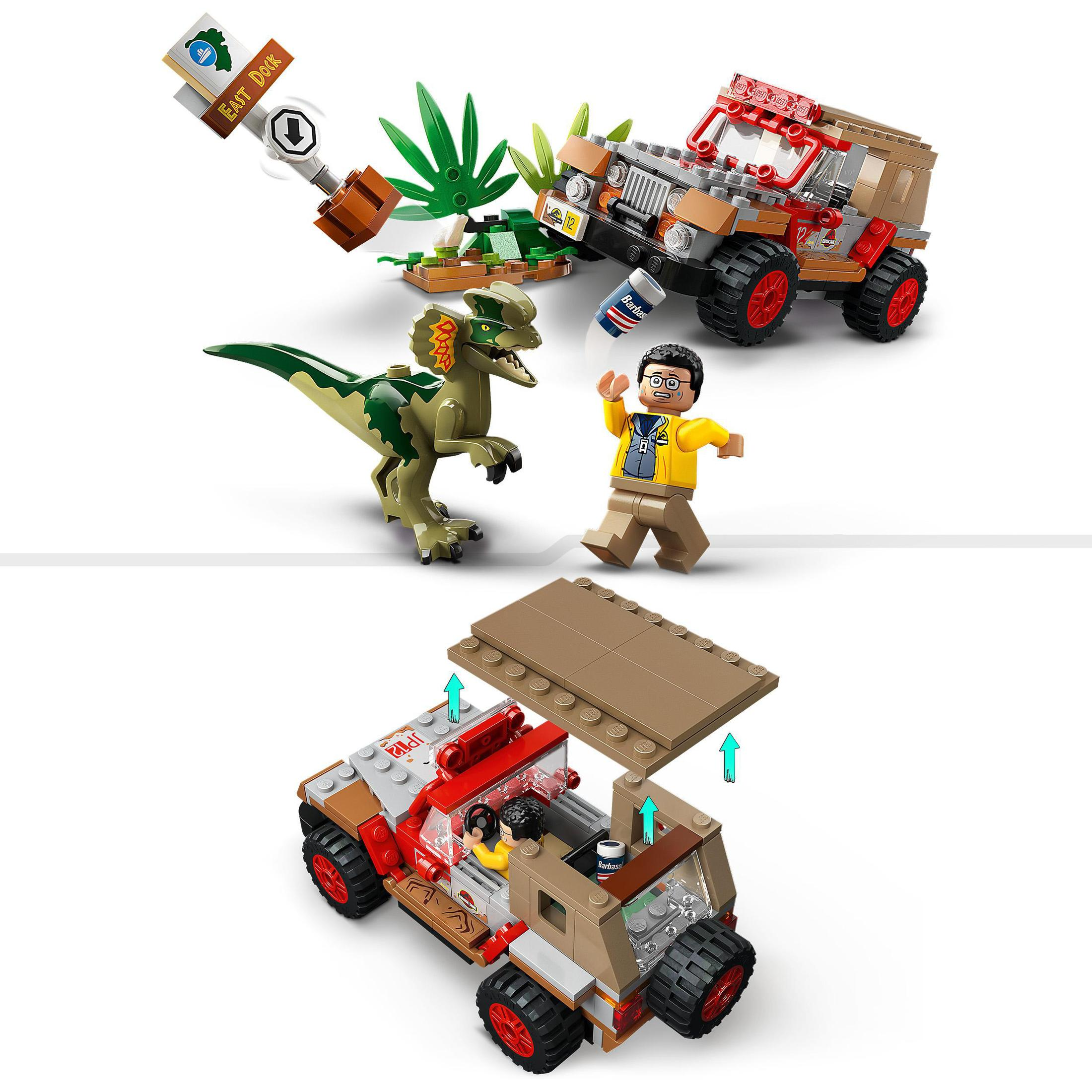 Ein Lego-Set mit einem Dinosaurier, einem Jeep und Minifiguren in einer Jurassic Park-Kulisse.