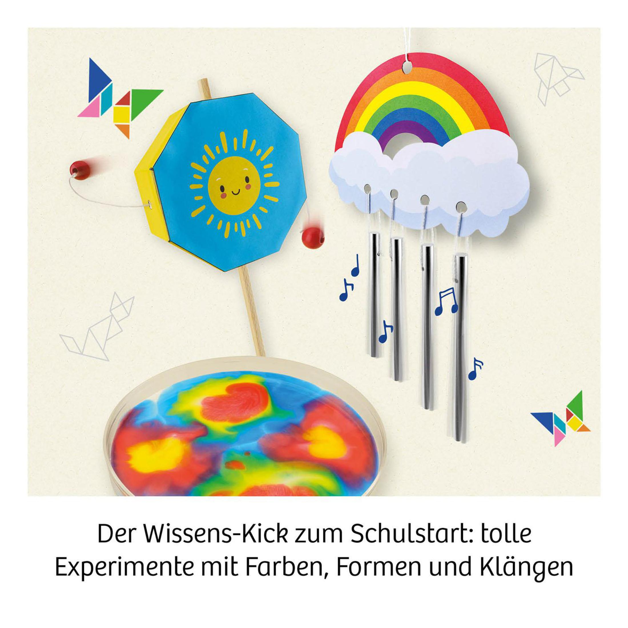 Farbenfrohes Lernspielzeug-Set mit Sonne, Regenbogen, Windspielen und verschiedenen geometrischen Formen.