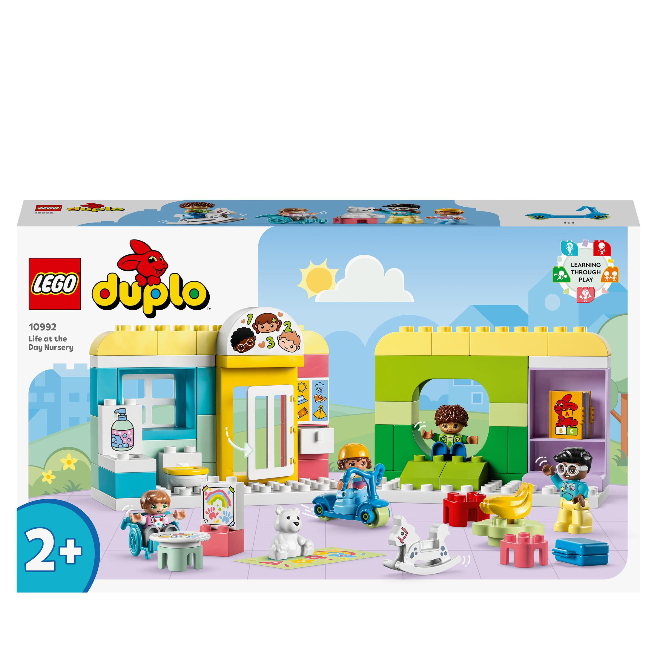 Zestaw Lego Duplo z sceną przedszkola, z dziećmi i zabawkami.