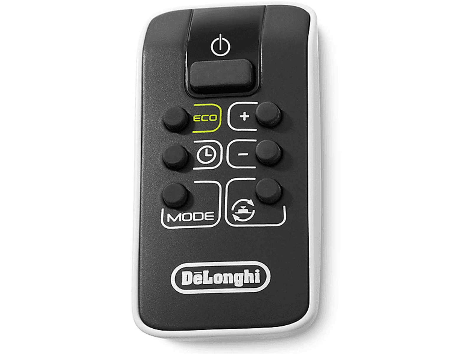 Czarny pilot z przyciskami zasilania, trybu eco i innych funkcji. Widoczna nazwa marki De'Longhi.