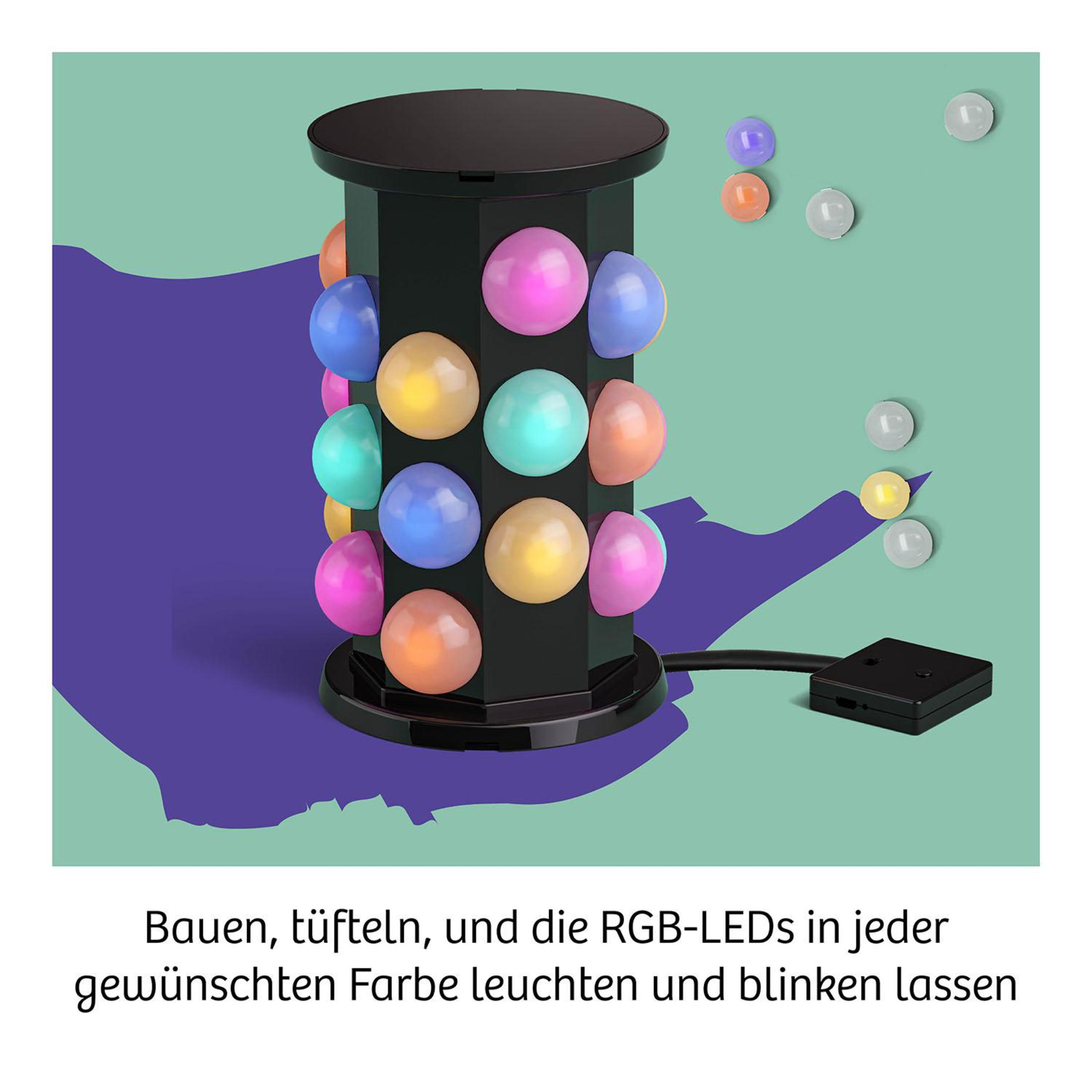 Ein schwarzes und silbernes Licht mit bunten Kugeln. Text: Baue und blinke RGB-LEDs.