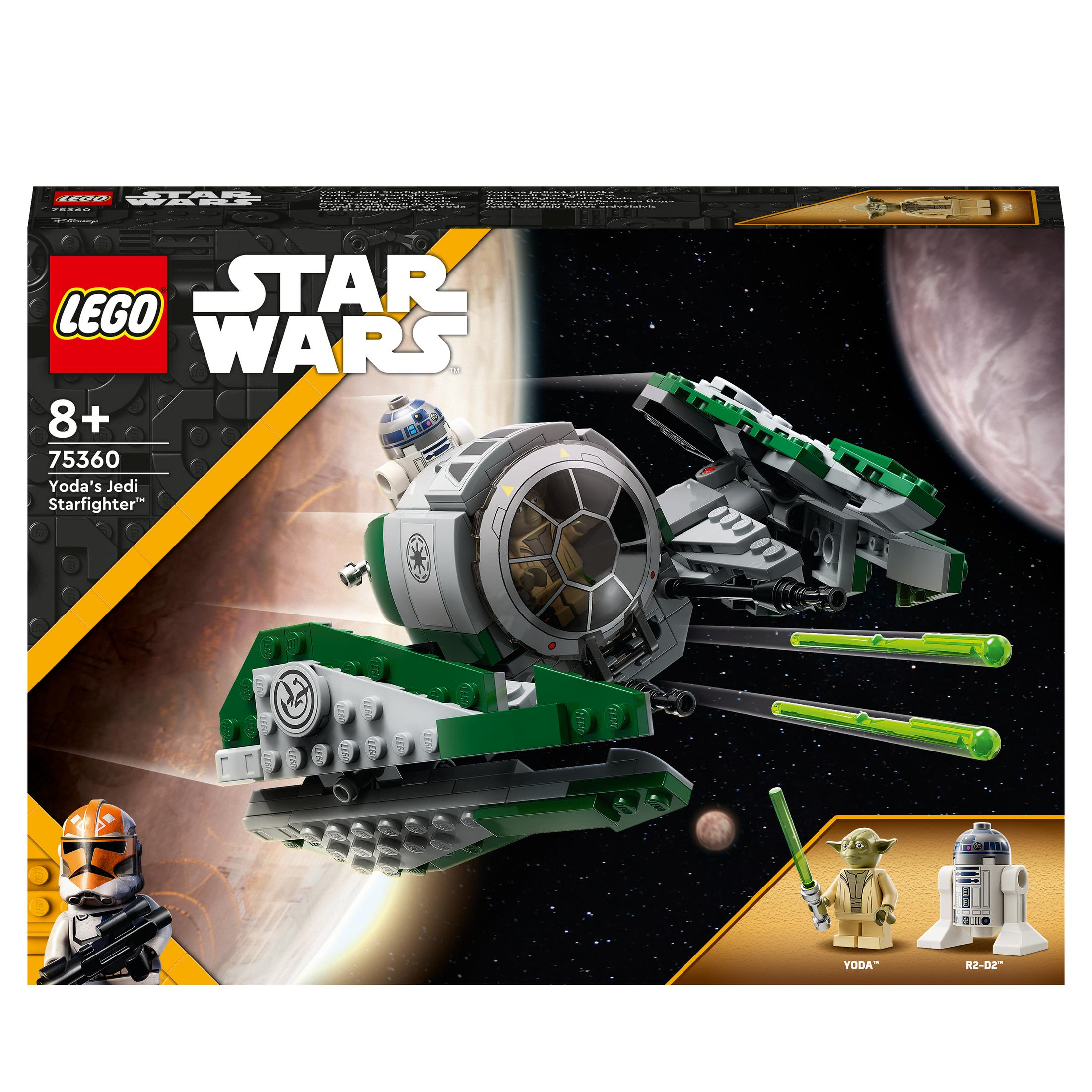 Ein Lego Star Wars Set zeigt ein Raumschiff und Figuren von Yoda und R2-D2.