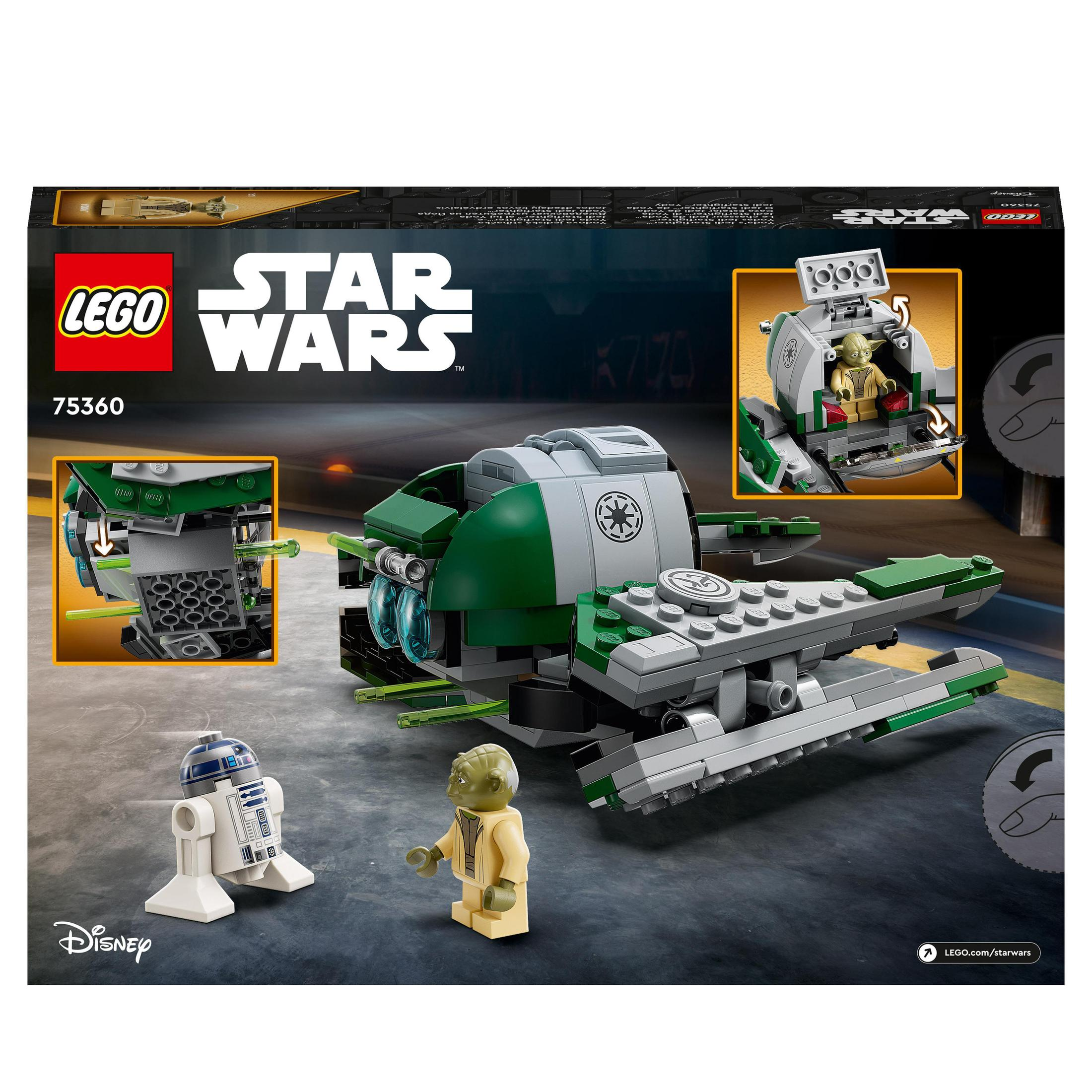 Ein LEGO Star Wars Set-Box, die ein grünes und graues Fahrzeug mit Yoda zeigt.