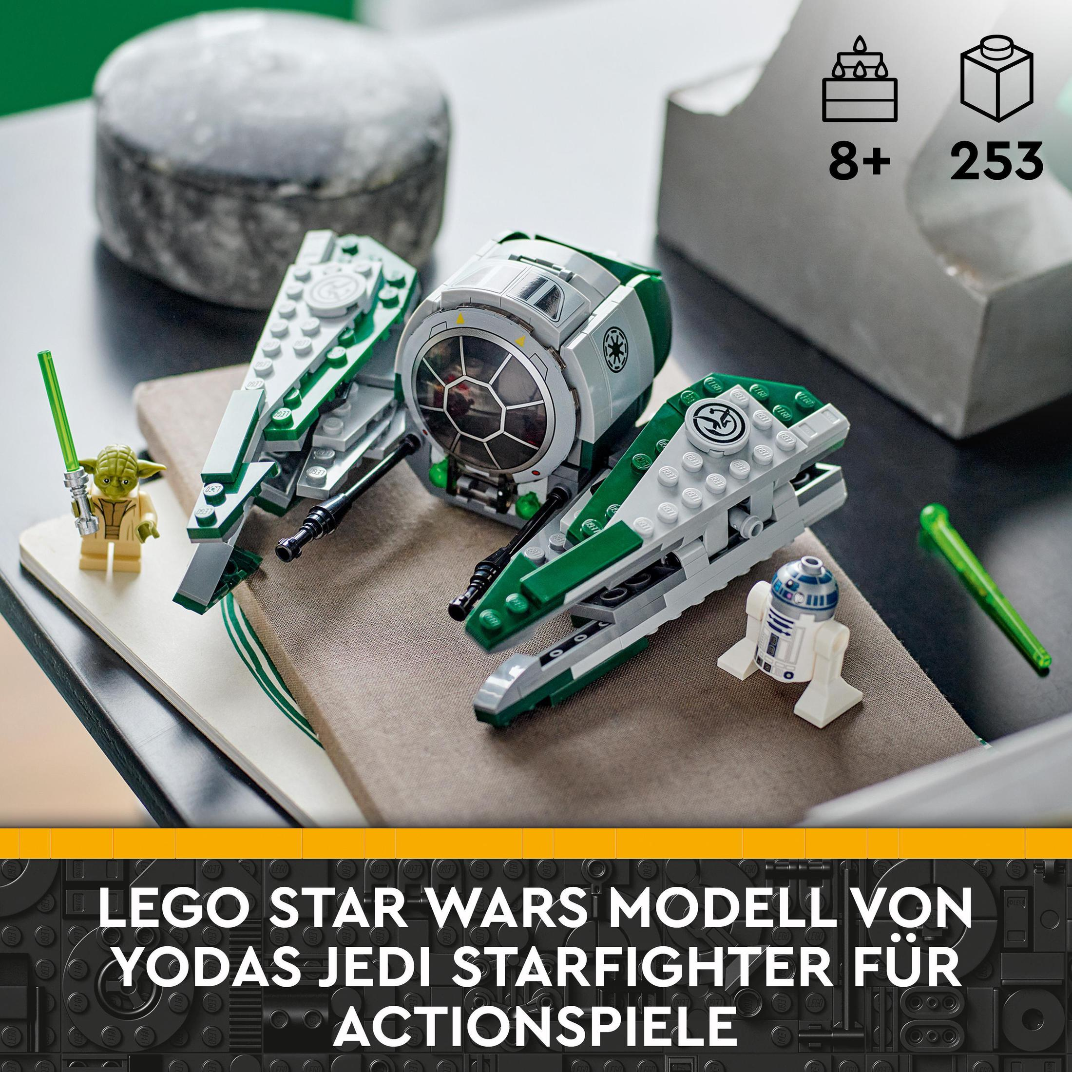 LEGO Star Wars Set. Yoda und R2-D2 Figuren mit grünen und weißen Starfightern auf grauer Oberfläche mit Text.