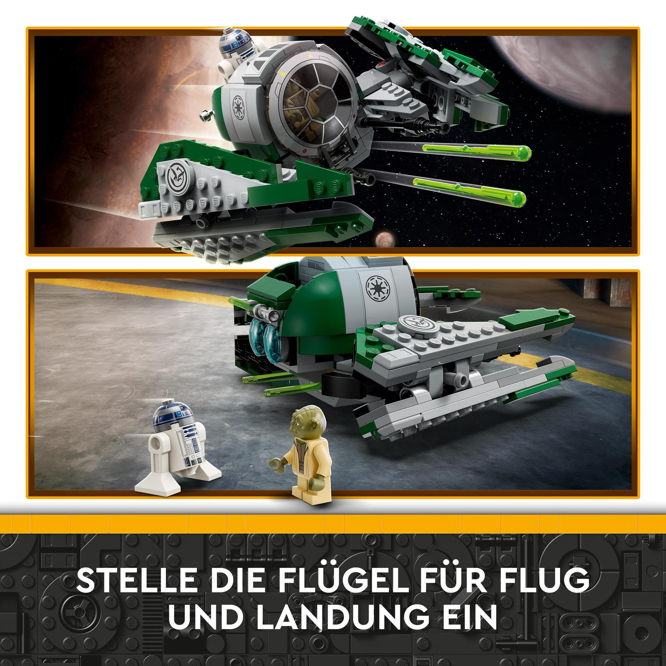 LEGO Star Wars Set mit zwei Schiffen und Figuren vor Weltraumhintergrund.